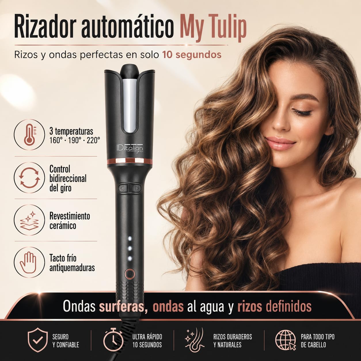 Rizador de Pelo Automatico My Tulip ID Italian Design - Automatic Hair Curler con 3 Temperaturas (160ºC / 190ºC / 220ºC) para Todo Tipo de Cabellos - Modelador de Cabello Profesional