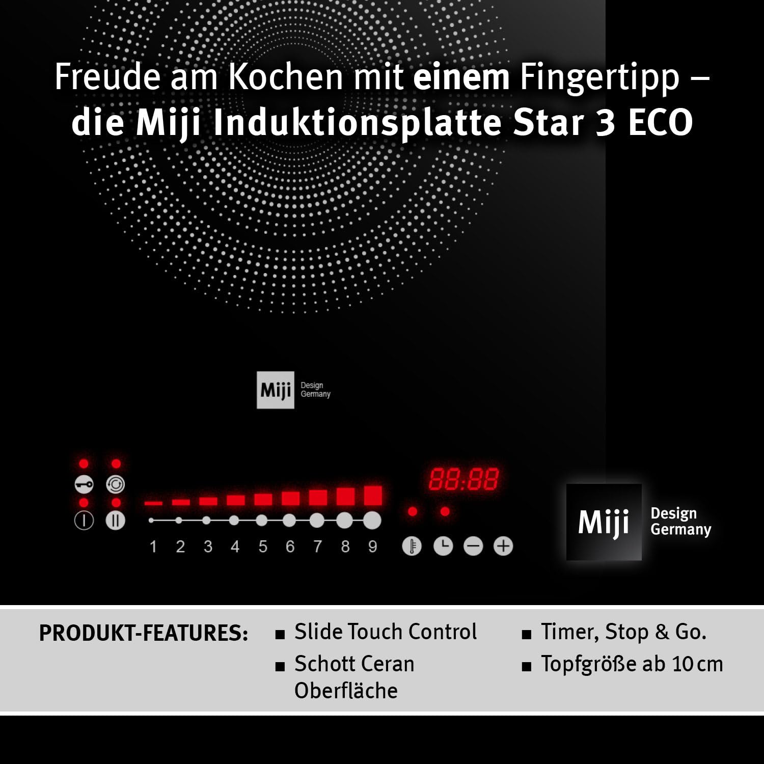 Miji - Star 3 ECO Trend, mobiles Induktionskochfeld, Induktionsplatte mit 1 Kochfeld, Induktionskochplatte mit Ceranfeld autark, 9 Stufen, 2300 Watt, kompakte Größe für Camping oder zu Haus