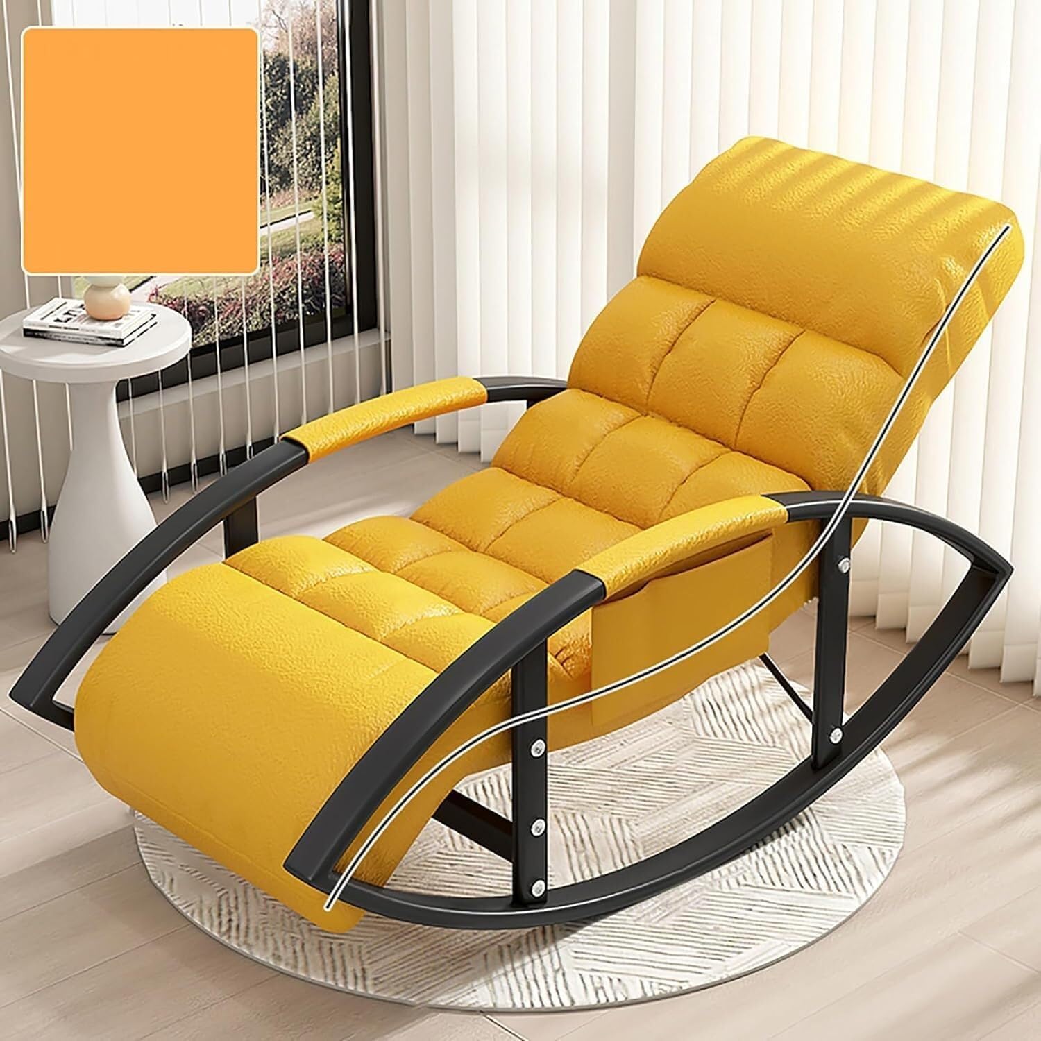Modern Living Room Outdoor Oversized Patio Recliner Rocking Chair With Height Adjustable Backrest Footrest And Golden Legs Ideal For Bedroom Balcony,Yellow,Black Legs