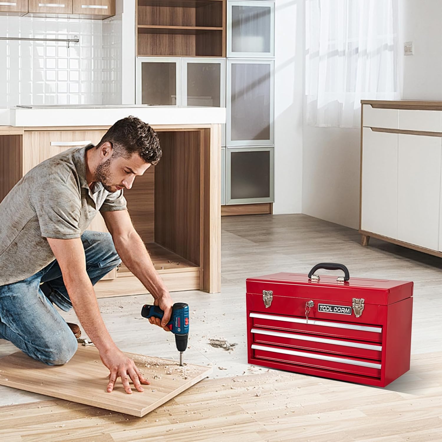 20.3“ Metal Tool Box with Drawer Portable Steel Tool Box with Protective Liner and Latch Closure and Lock for Garage, Home and Warehouse (Red-3 Drawers)