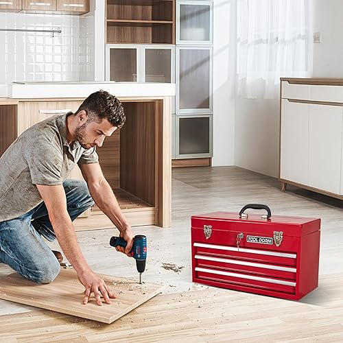 Miniatura 8 de Caja de herramientas de metal de 20.3 pulgadas con cajón, caja de herramientas de acero portátil con forro protector y cierre de pestillo y