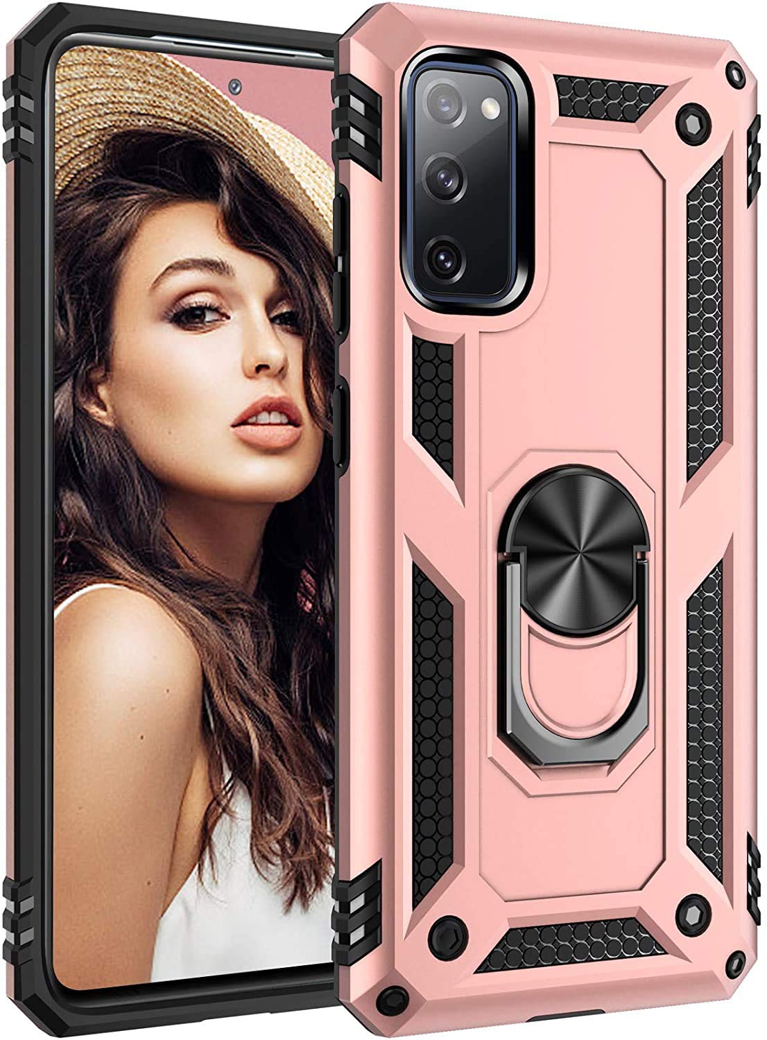Meweri case for Samsung S20 FE, PC & TPU Dual Layer Hybrid Full-Body Protect case with Magnetic Ring Holder 360 Degree Rotating Kickstand Drop Proof Rugged Bumper for Samsung S20 FE (Pink)