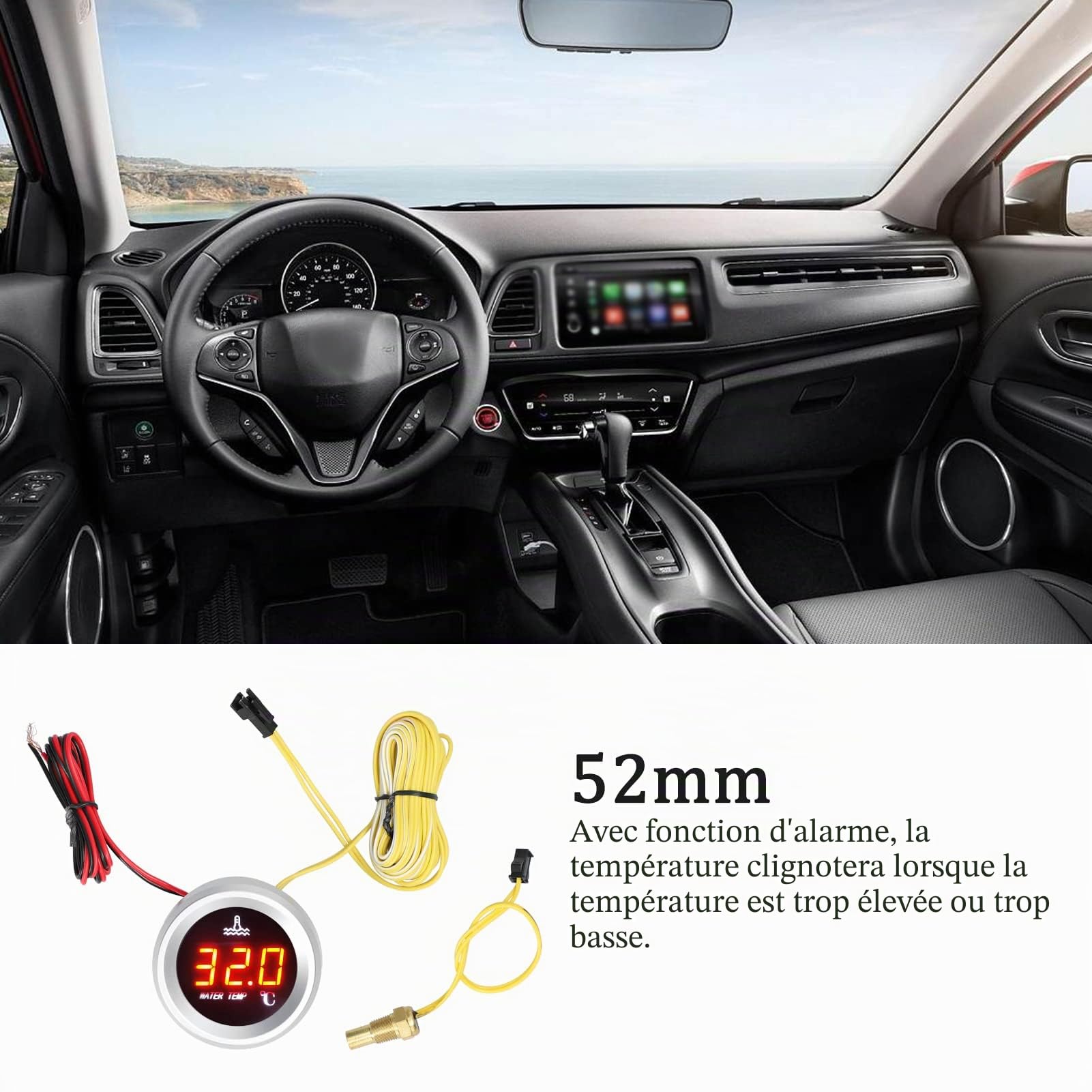 9-36 V Jauge de température de l'eau de 52 mm, compteur numérique de voiture, écran LED avec fonction d'alarme et capteur de température