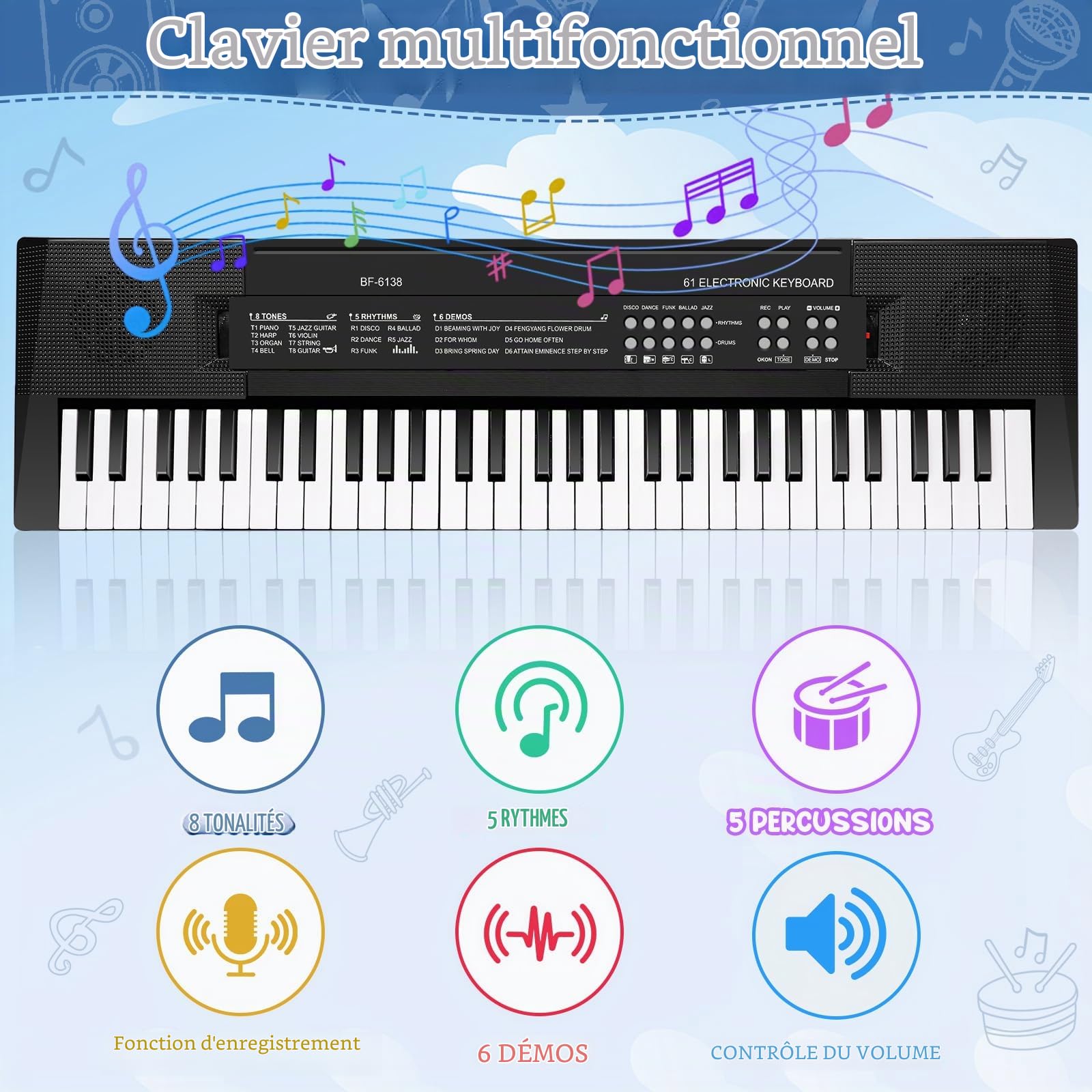 61 Touches Enfants Piano Clavier, Piano Électronique Clavier Musical Jouet | Piano Enfants Musical avec Micro, Instruments de Musique Jouet Cadeau pour Débutants Garçons et Filles de 3 à 12 Ans
