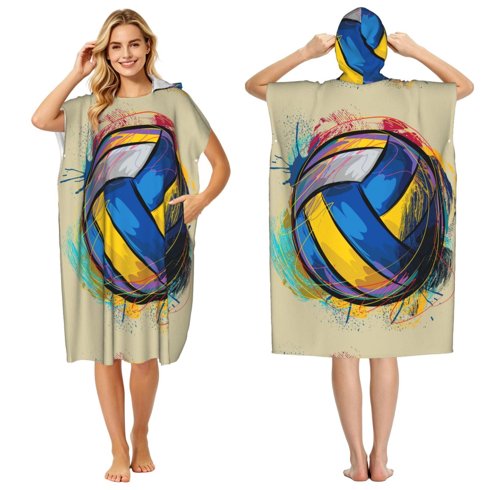 Poadnly Volleyball, Adult Hooded Beach Towel 90 x 110 cm,Changing Bath Robe, Surf Poncho Towel For Women Men