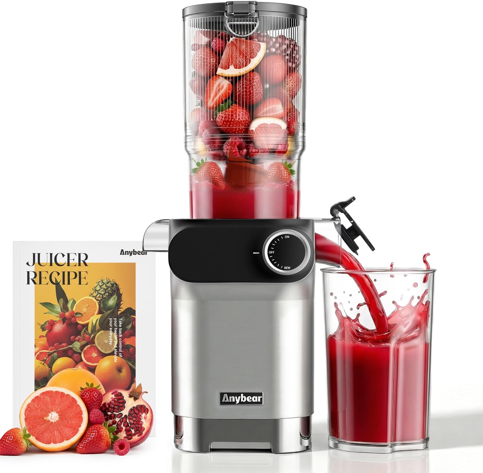 Cold Press Juicer, 200W Masticating Slow Juicer 4.3" Large Feed Chute Fit Whole Fruits Vegetables | Upgraded Auger | Tritan Materials | BPA Free | Juice Recipes (Silver)