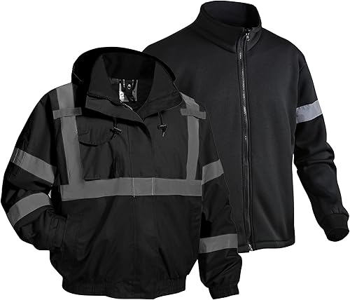 Miniatura 12 de Chaqueta de seguridad para hombre, chaqueta reflectante con capucha de alta visibilidad, chaqueta bomber de alta visibilidad con bolsillos