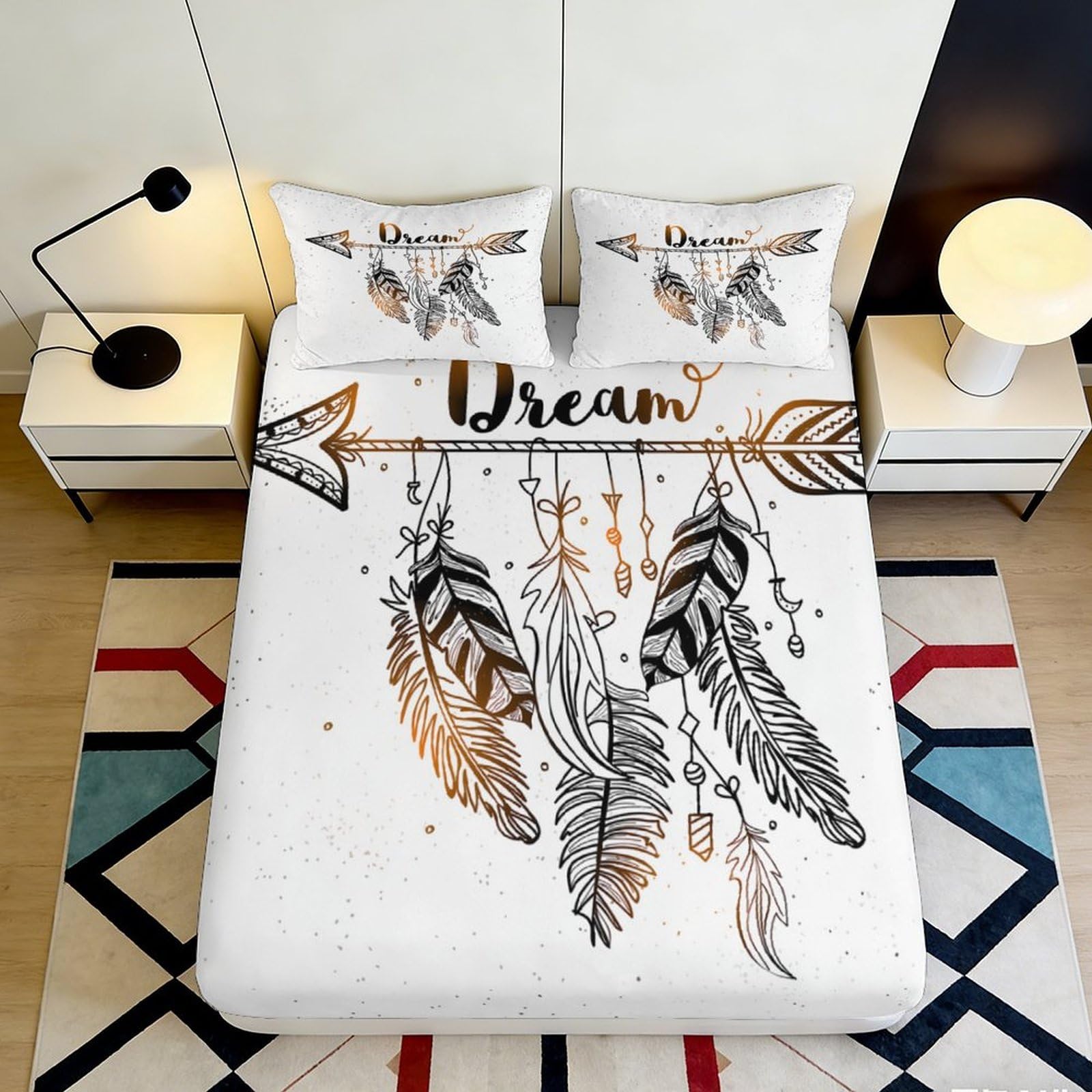 Tjiqhvmrn Style-2 3D Printed Feather Dreamcatcher Fitted Sheet Microfiber Deep Pocket Non-Slip Bedroom Bedding Dreamcatcher Mattress Fitted Cover For Adults Teens 90X200x25cm