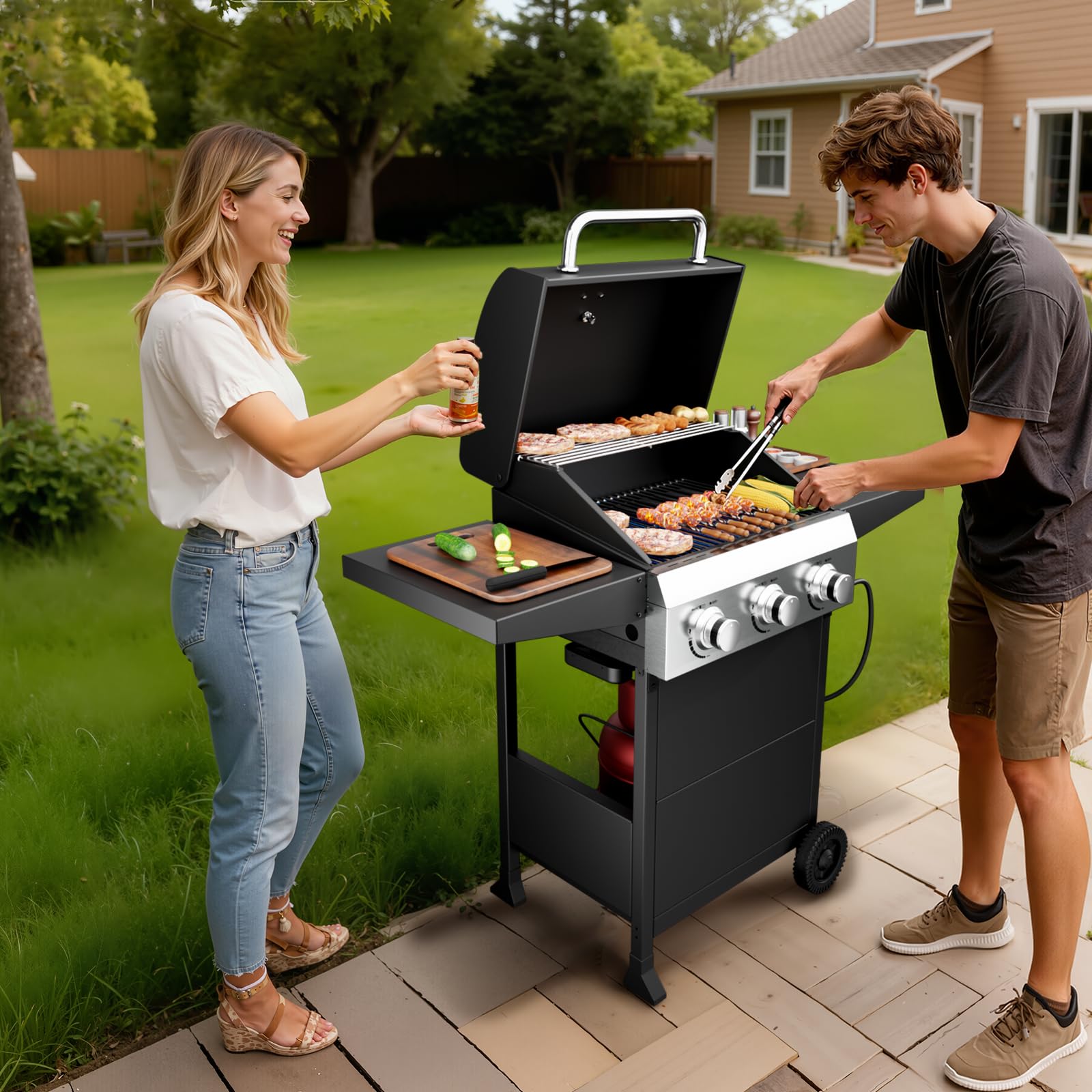 ROVSUN Gasgrill Camping mit 3 Brennern, Camping Gasgrill 10,5 kW, Grillwagen mit Deckel & 2 Seitenablagen, Gas Grill (3 Brennner, 117x40x140 cm)