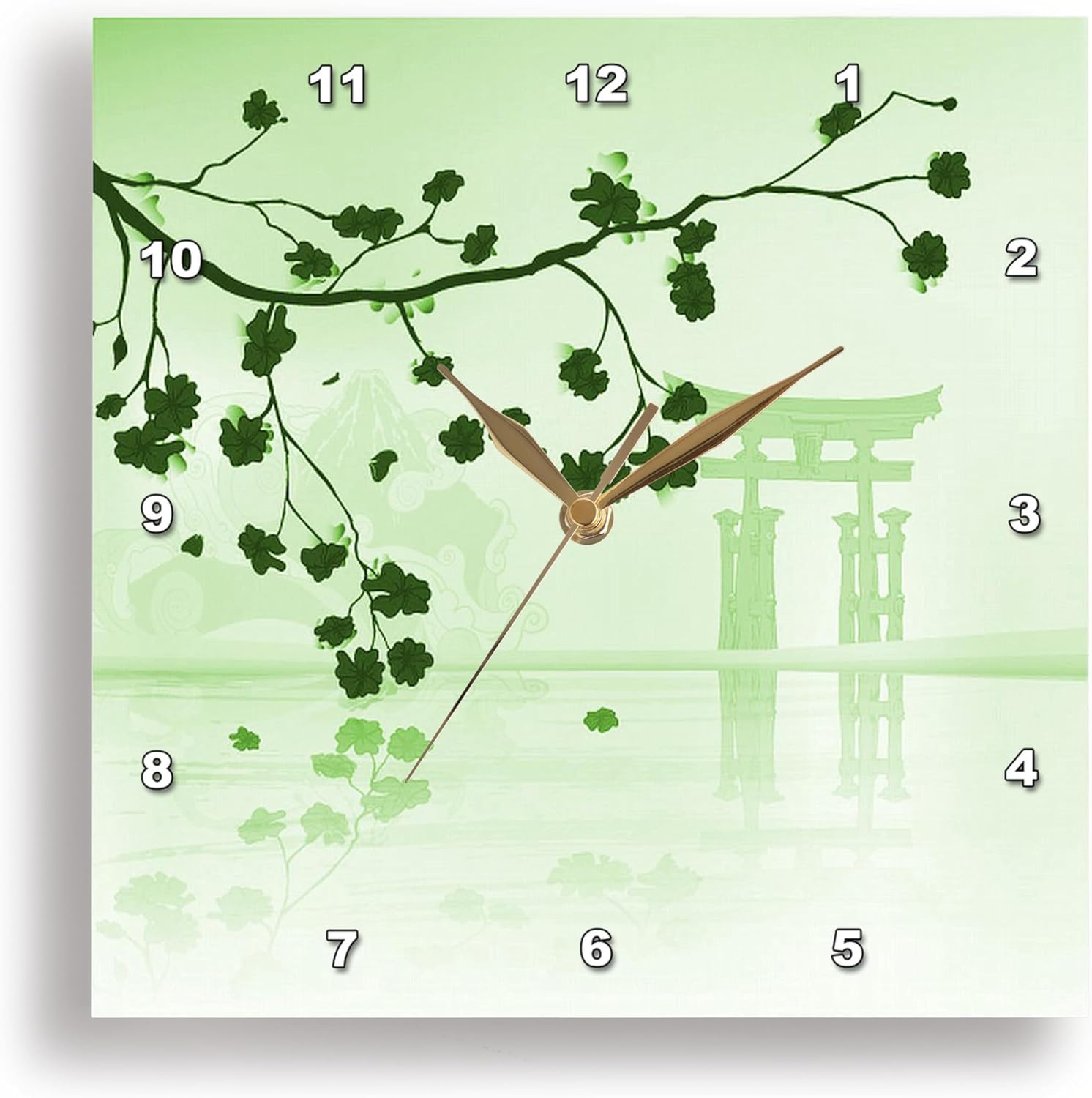 3dRose Wall Clock Silent - 15 inch - Pretty Green Cherry Clossoms Against A Peaceful Green Oriental Scene - Oriental