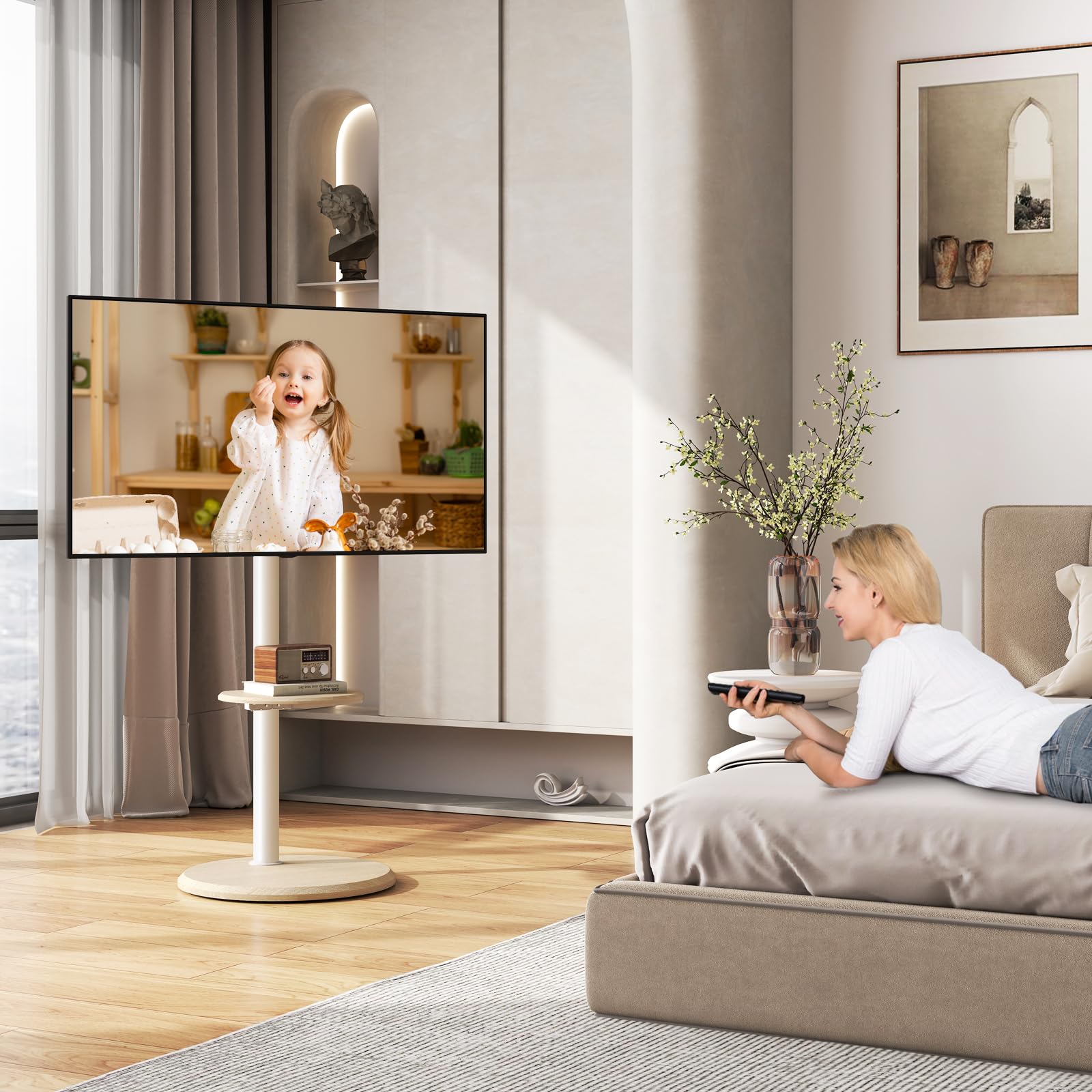RFIVER Support TV sur Pied avec Roues Cachées pour TVs de 32 à 65 Pouces Support TV roulettes Blanc Réglable en Hauteur et Inclinaison Porte jusqu'à 40 kg VESA Max 400x400mm