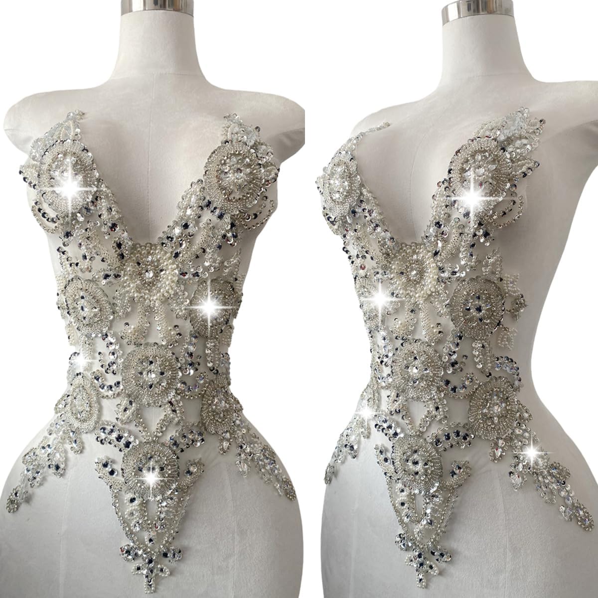 Pure Handmade Large Beads Rhinestones lace Applique Bodice Patches Trimming sew on Sequins Stones Beads Shining Heavy Decoration for Wedding Dress DIY Accessories 12X21in (Silver)