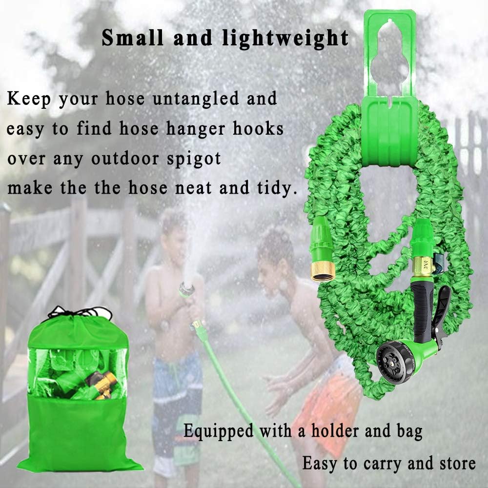Expandable 100FT Garden Hose Pipe - Lightweight, Durable& Felxible - 8 Function Spray Gun/Hose Hanger/Storage Bag/Brass Fittings for Lawn/Pet/Car/Boat Wash (100ft green)
