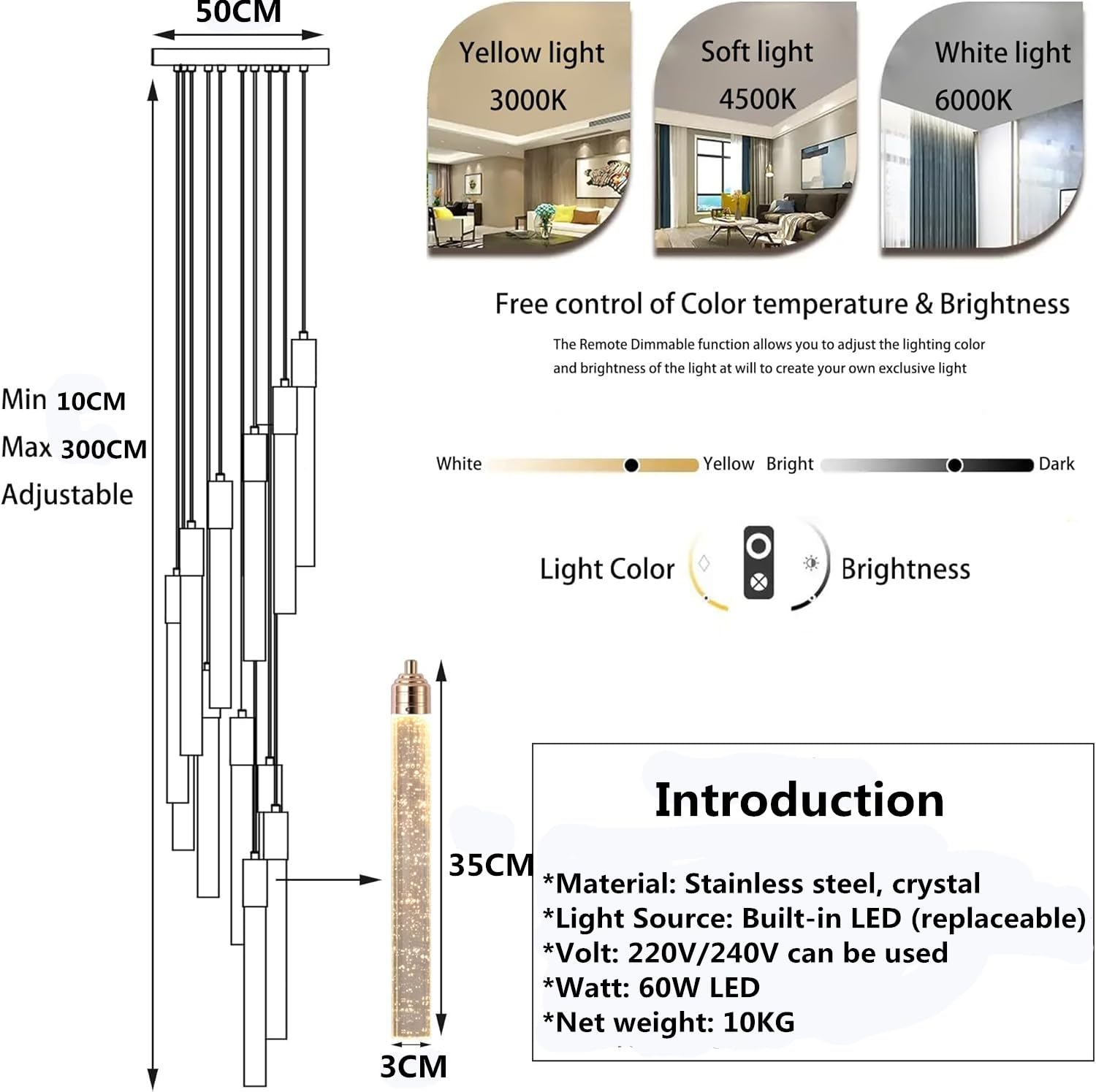 Ściemnialne lampy wiszące LED, nowoczesny kryształowy żyrandol wiszący na wysokie sufity, duży żyrandol do foyer/wejścia, oświetlenie do salonu, przedpokoju, korytarza, klatki schodowej, oprawa