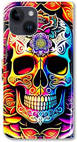 Miniatura 7 de Bcov Funda para iPhone 15 Plus, diseño de flores de calavera de mandala de colores, funda de piel con tapa para teléfono con ranura para tarjetas,