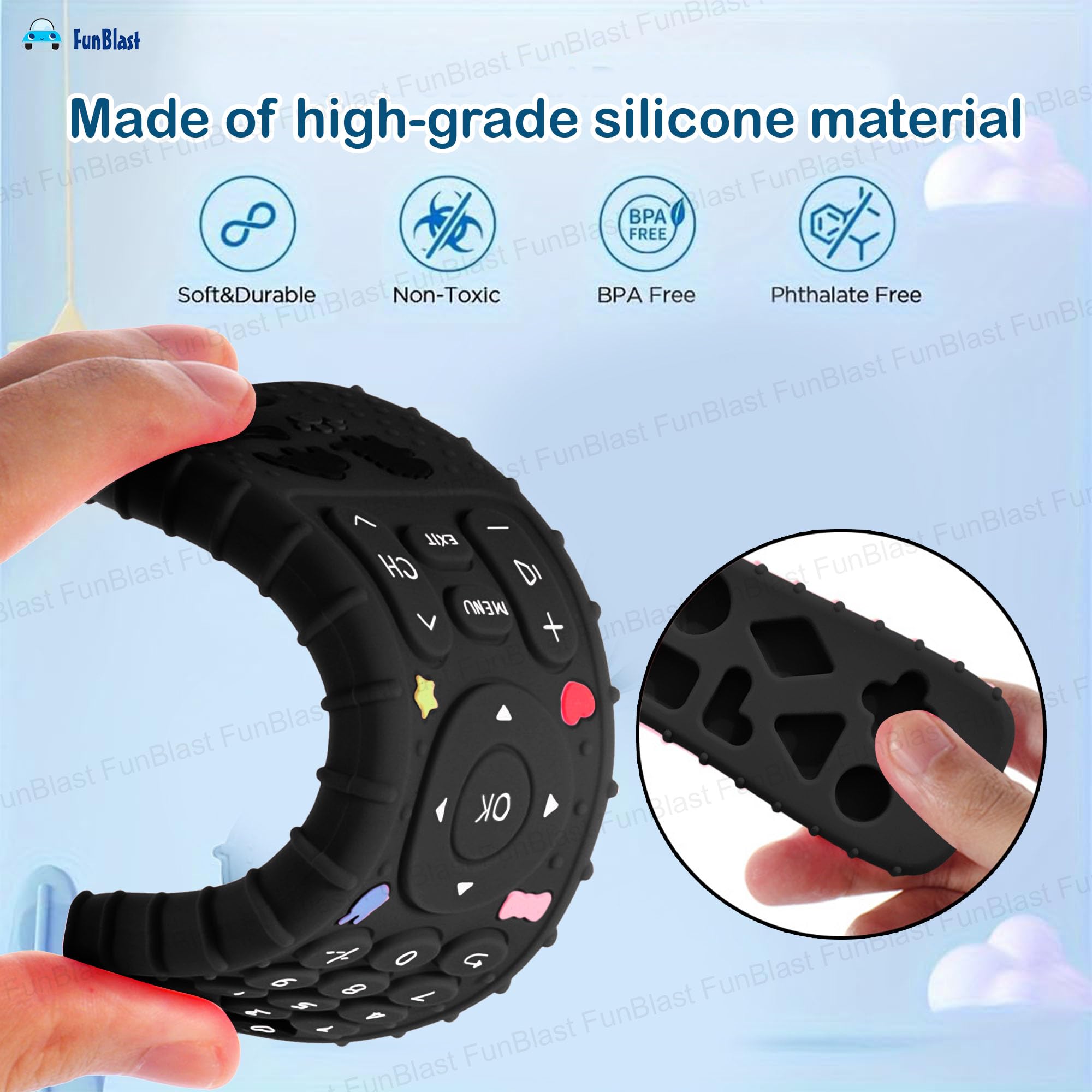 FunBlast Teether for Babies - Silicone Remote Teether for 3+ Month Baby & Toddlers, Teething Toys for Babies and Toddlers, Helps Biting Skills Development, Activity Toys for Baby (Black) 4