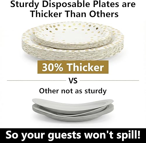Miniatura 5 de 201 platos de papel desechables dorados, suministros de fiesta, lunares dorados, decoraciones de cumpleaños y bautismo, incluye platos y tazas,