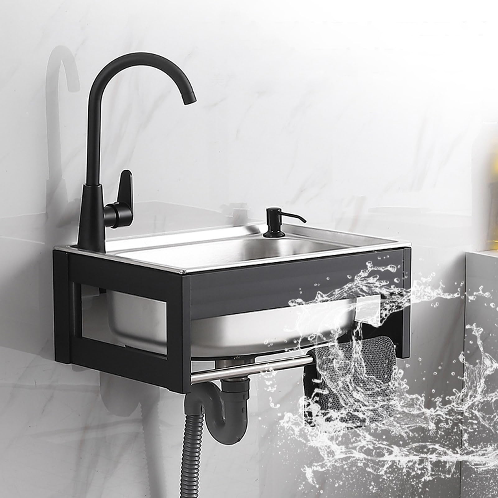 Évier mural en acier inoxydable 38x33x21 cm avec robinet suspendu pour cuisine