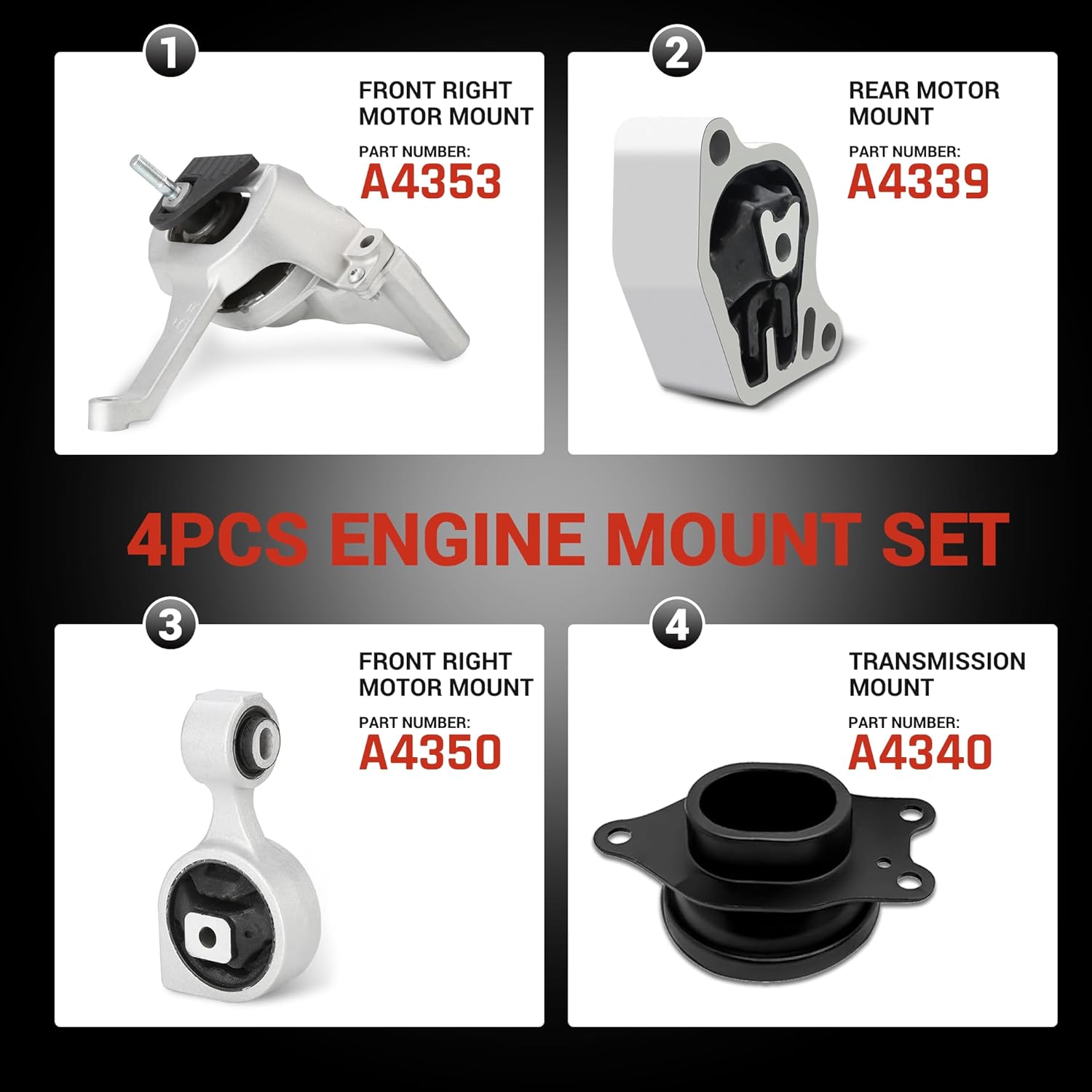 Engine Motor Mount Kit Compatible for Nissan Altima 2007 2008 2009 2010 2011 2012 2013 2014 2015 2016 2017 2.5L, Set of 4 Auto Transmission Motor Mounts Replaces A4339 A4340 A4350 A4353