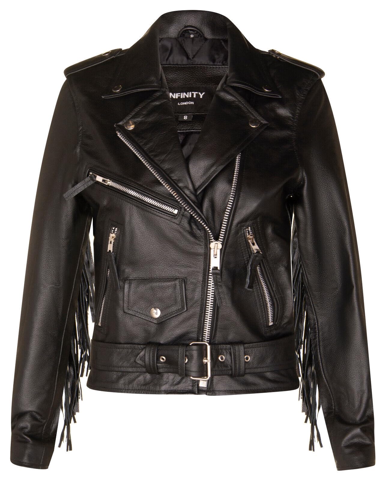 Ladies Black FRINGE Leather Brando TASSELED Motorcycle Retro Cow Hide Biker Jacket