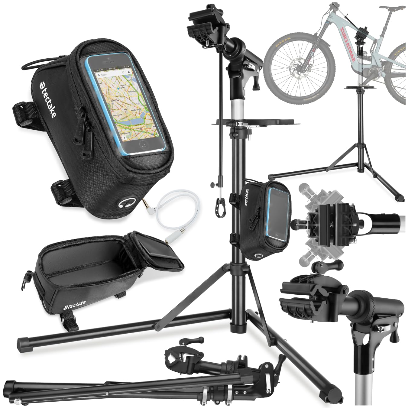 tectake® Set de Support Velo Pieds d'atelier & Sacoche velo, Montage Entretien Reparation VTT Vélo électrique Velo de course, Support pour Outils, Charge max. 50kg Réglable Pliable 108x81x106-169 cm
