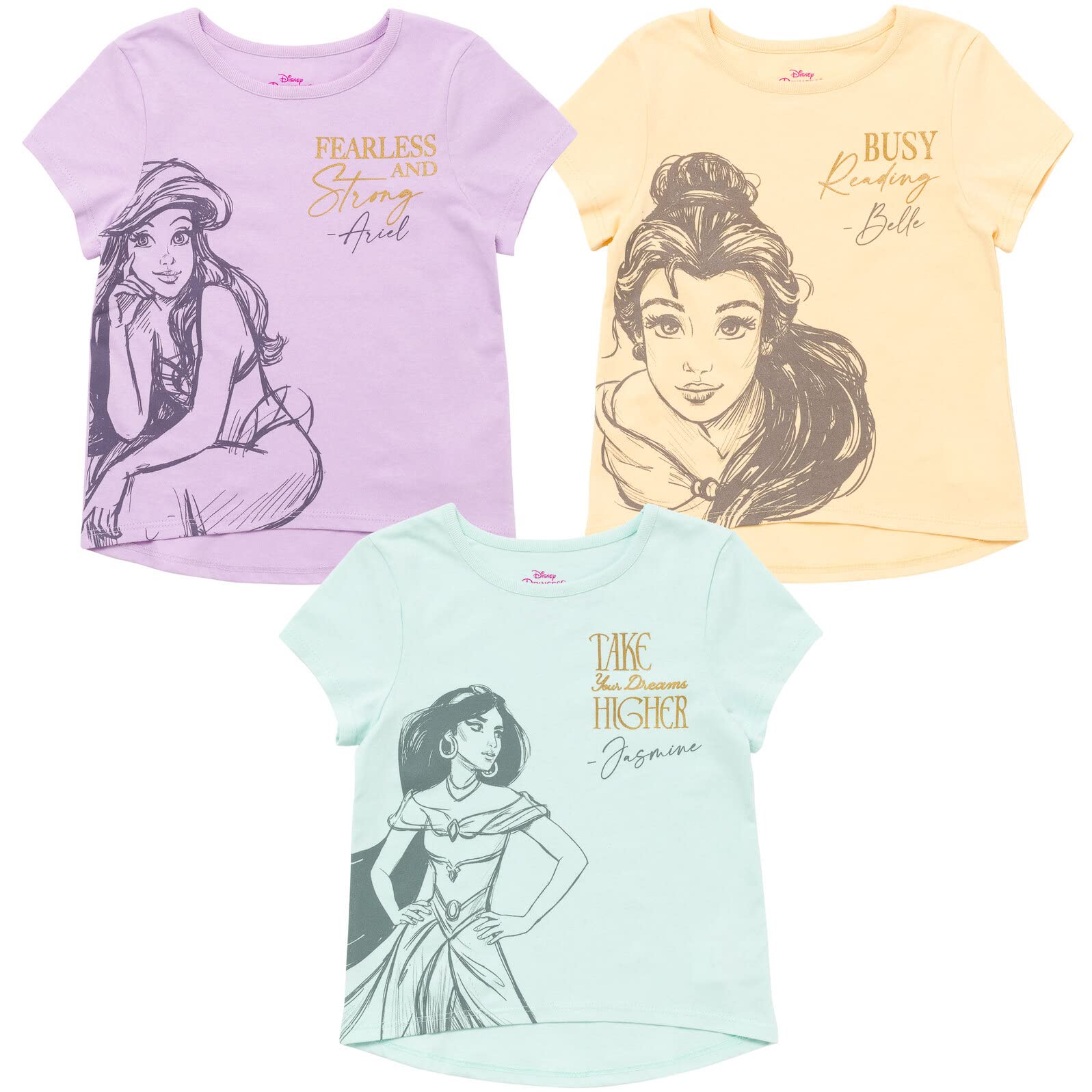 Disney Prinzessin Ariel Tiana Rapunzel Mädchen-T-Shirt, 3er-Pack, modische Grafik, für Jungen und Mädchen, groß
