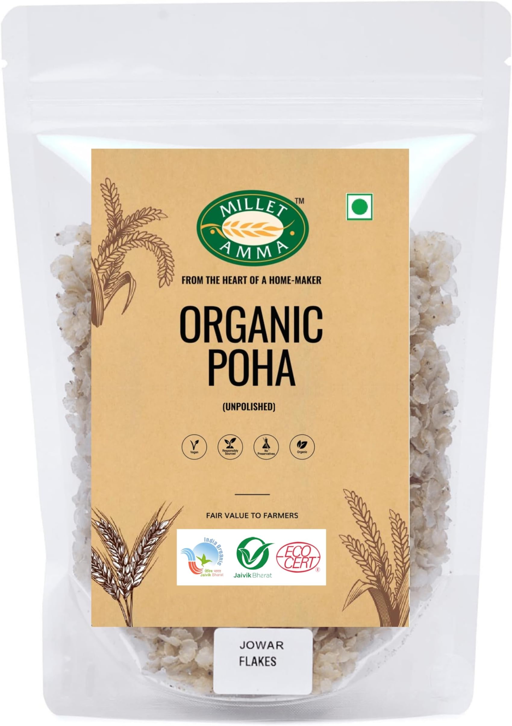Millet Amma Organic Jowar Poha Flakes 1 Kg (2 Packs of 500gm) | Gluten Free | Best Choice for Making Poha and Health Snack Recipes | Millet Flakes for a Healthy and Nutritious Breakfast