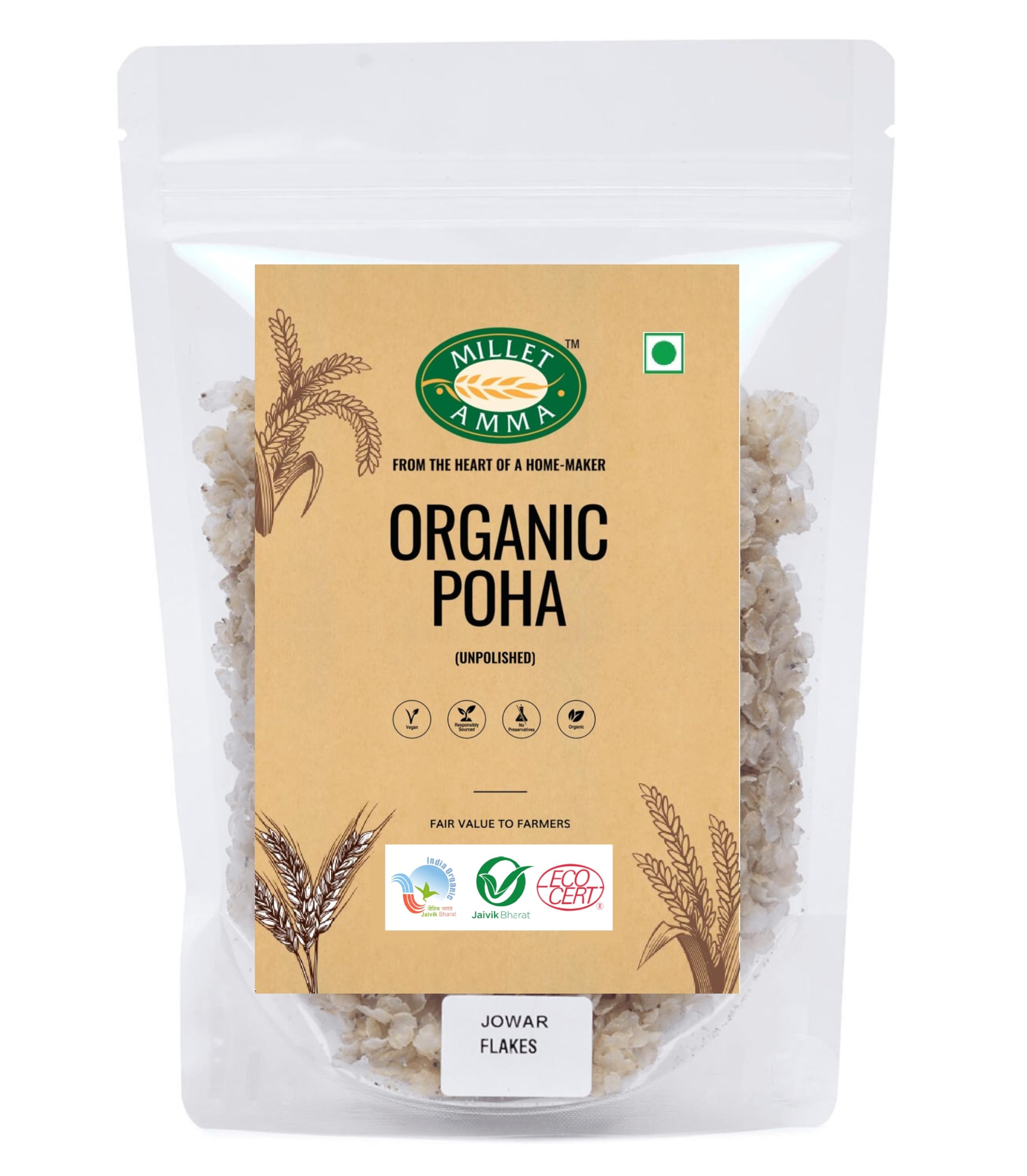 Millet Amma Organic Jowar Poha Flakes 1 Kg (2 Packs of 500gm) | Gluten Free | Best Choice for Making Poha and Health Snack Recipes | Millet Flakes for a Healthy and Nutritious Breakfast