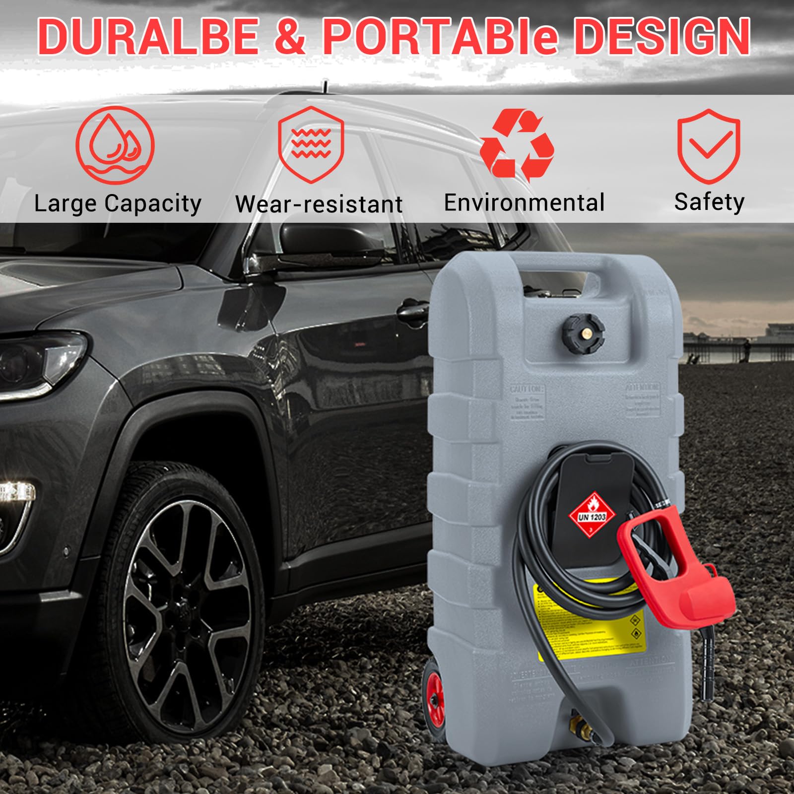 Bidón de gasolina portátil 57L de HDPE,Jerrican gasolina sobre ruedas con mango, bomba manual, manguera de 3 m y boquilla, caudal 7,5 l/min,tanque combustible portátil con válvula de cierre para