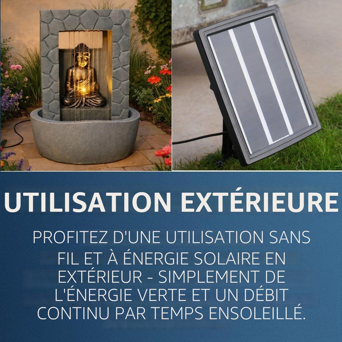Festive Lights Fontaine solaire LED Bouddha - Gris - Aspect pierre - Fonctionnement solaire et USB - Pour l'intérieur et l'extérieur - 43 cm