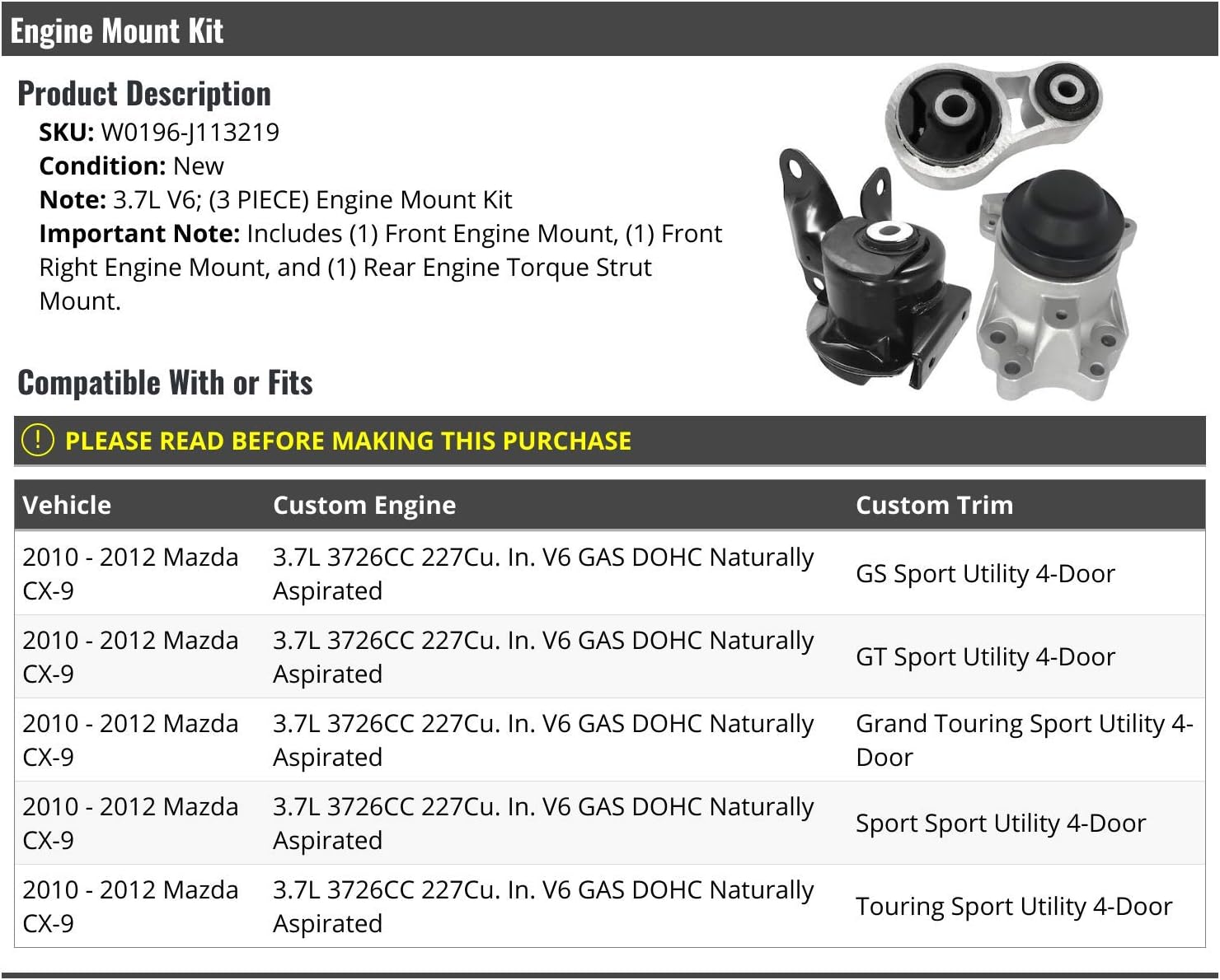 Engine Motor Mount and Torque Strut Kit - Compatible with 2010-2012 Mazda CX9