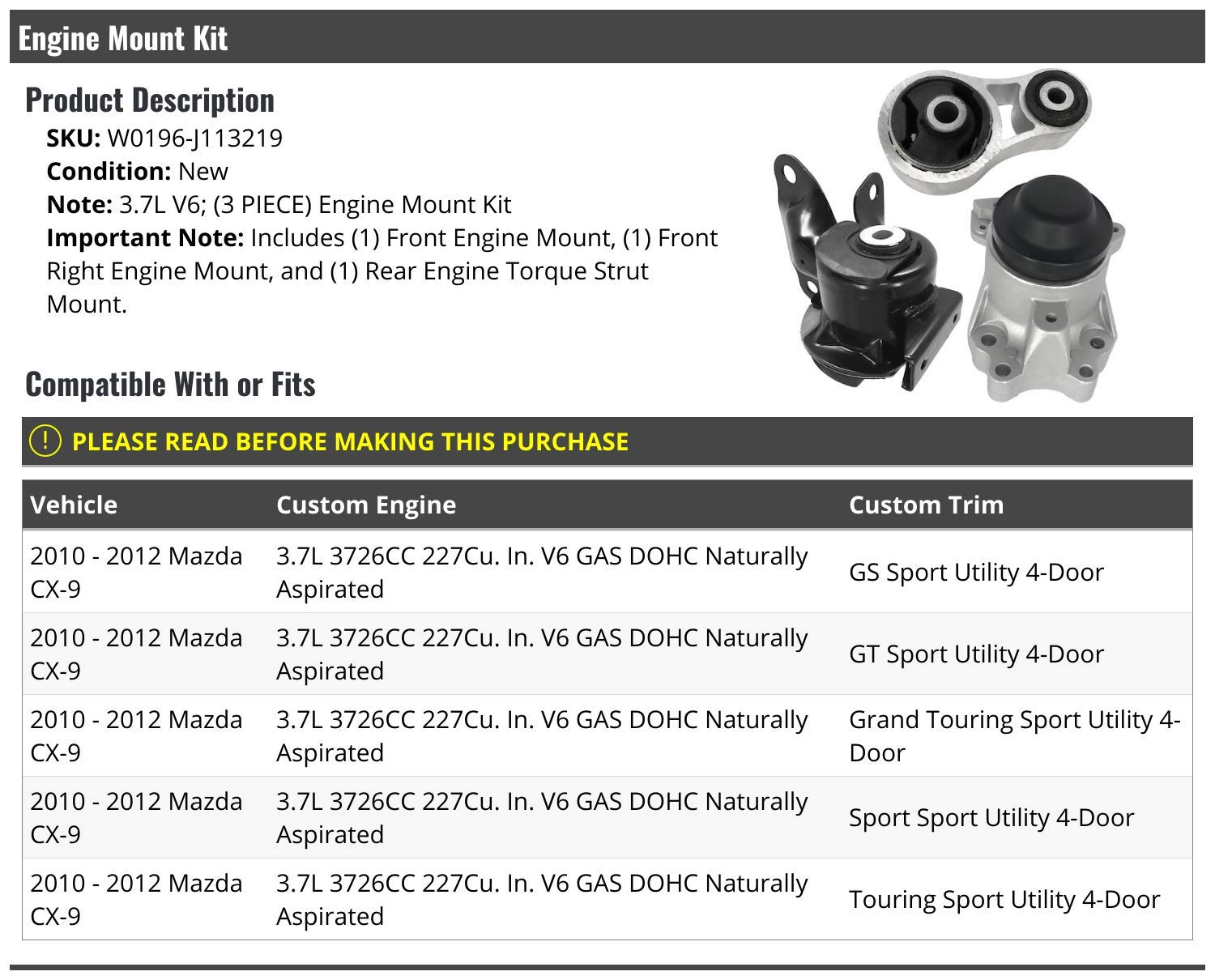 Amazon.com: Engine Motor Mount and Torque Strut Kit - Compatible