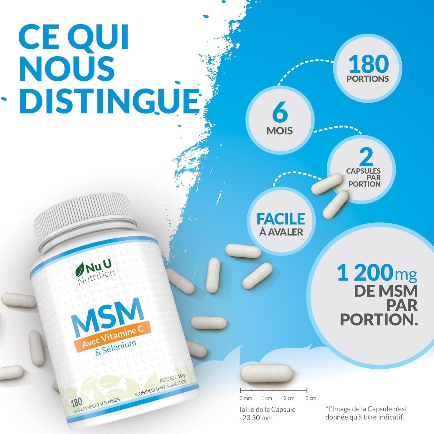 MSM avec Vitamine C et Sélénium - 180 Gélules Vegan - Méthylsulfonilméthane Haute Puissance - Fabriqué en Europe - Nu U Nutrition