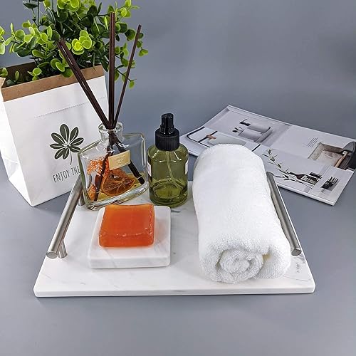 Miniatura 7 de BustleDust Bandeja decorativa de mármol natural con asas plateadas para mostrador, tocador, mesita de noche o escritorio, dimensiones (blanco Jax,