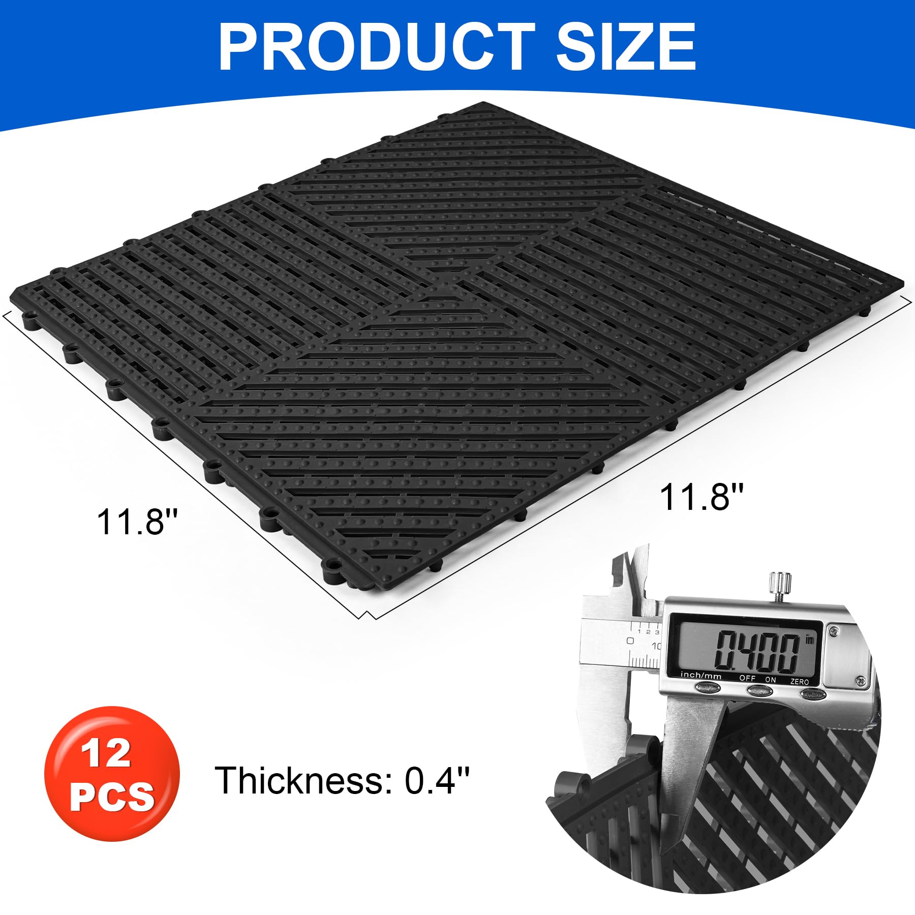 MYFAMIREA Modular Interlocking Cushion 12 Pack 11.8" x 11.8" Rubber Floor Tiles Non-Slip Splicing Drainage Mats for Deck, Pool, Shower, Patio, Balcony, Bathroom, Kitchen, Yard (1 Rows Dots, Black) — Amazon image 2