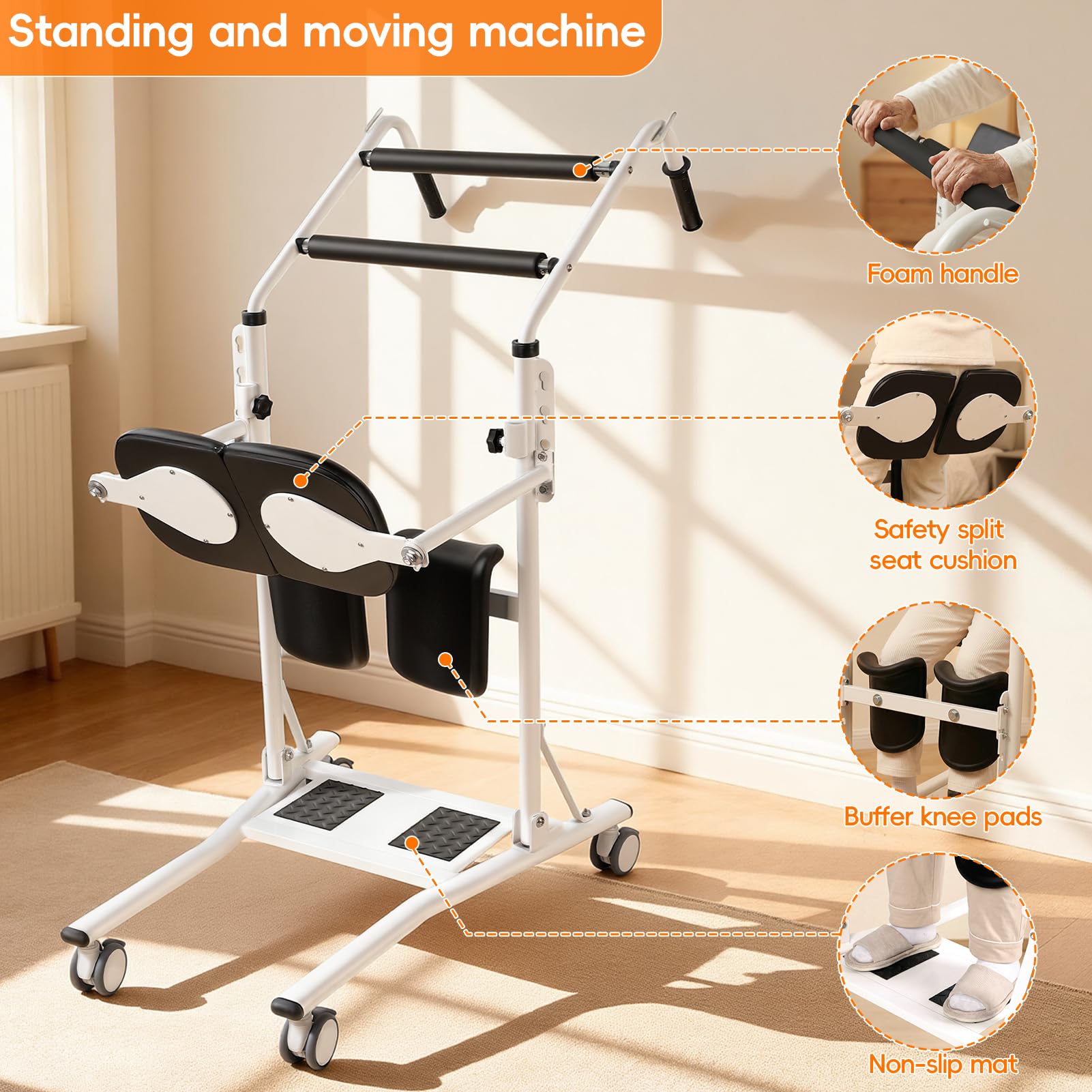 Silla de transferencia de elevación para pacientes sentados y de pie, silla de transferencia de ayuda para ancianos con ruedas bloqueables, almohadillas acolchadas para reposamuñecas, marco de acero