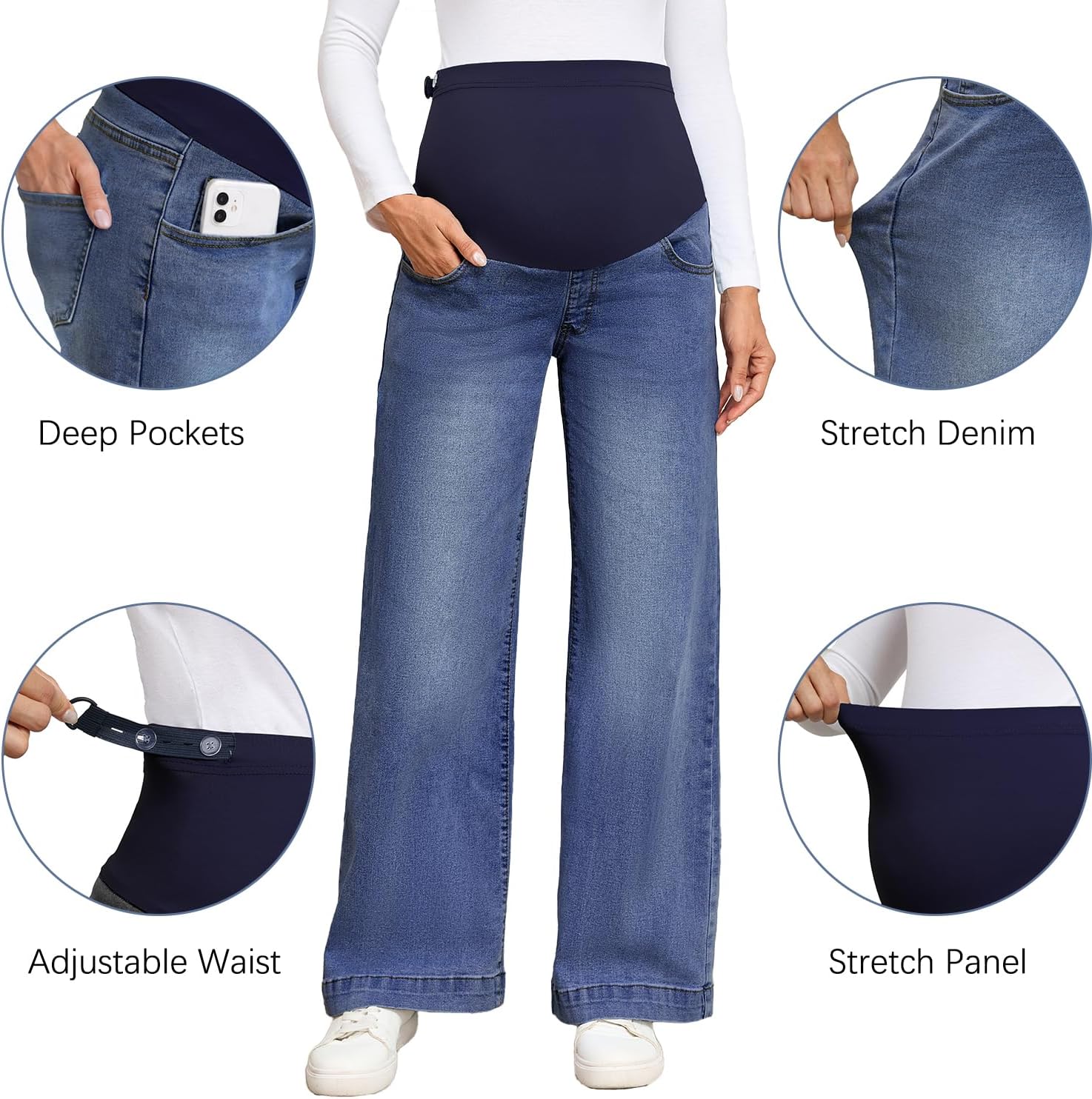 Genhoo Womens Maternity Jeans Wide Leg Over Belly Stretch Maternity Pants