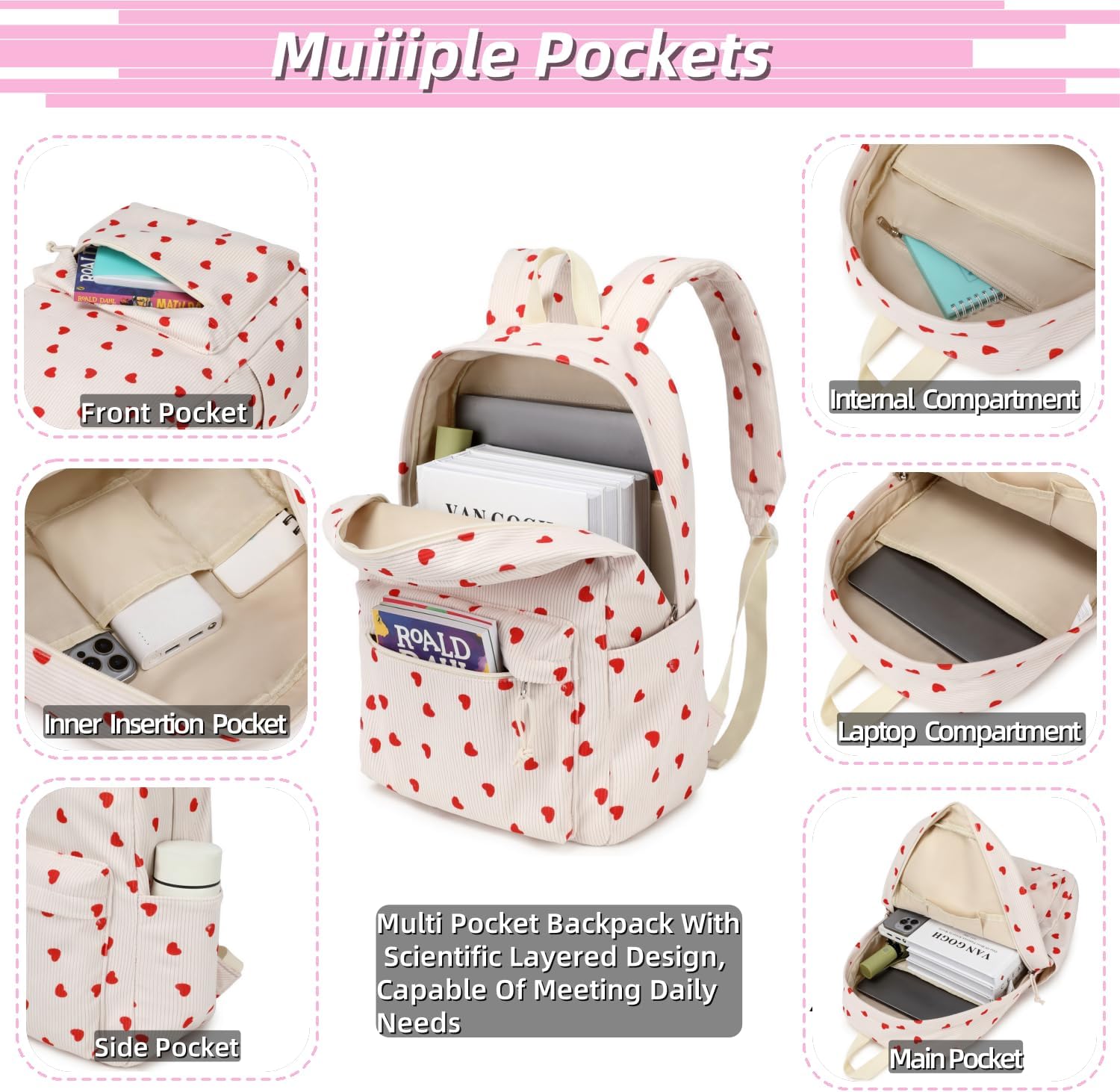 MSKYWU Teenage Girls Backpack High School College Bookbag Corduroy Laptop Bag Casual Travel Daypack - Beige - Image 3