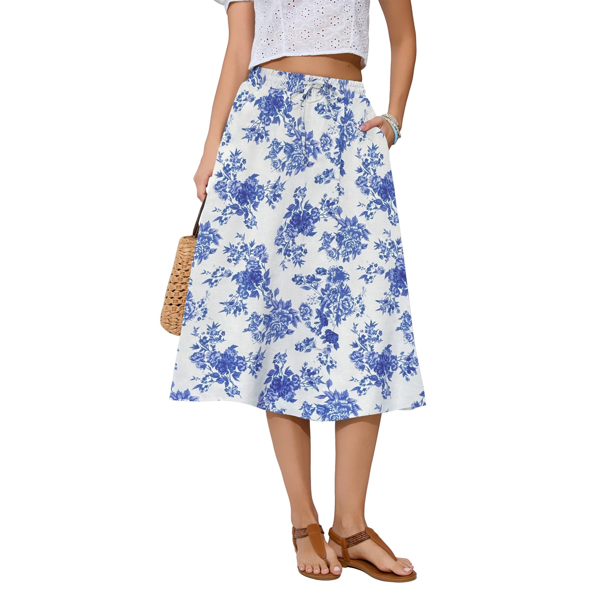 Witsmile Women's Summer Boho High Waist Pleated Flowy Midi Skirt