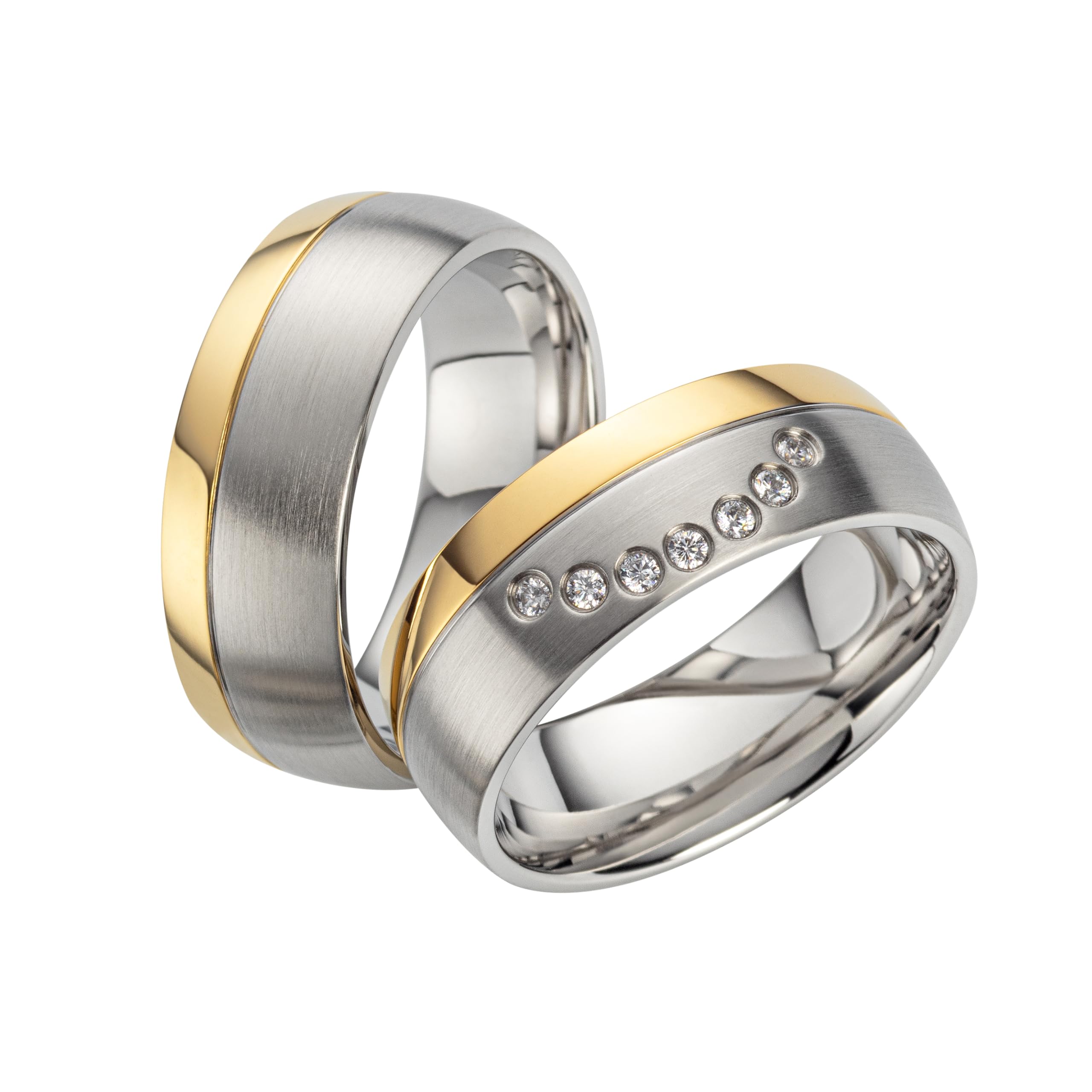 Generisch Paar Partnerringe & Eheringe aus Edelstahl 316L – 8 mm Trauringe matt-poliert mit PVD Gold & 7 Zirkonia, Hochzeitsringe Größe 48-74 mit Gravur und Etui | 2040