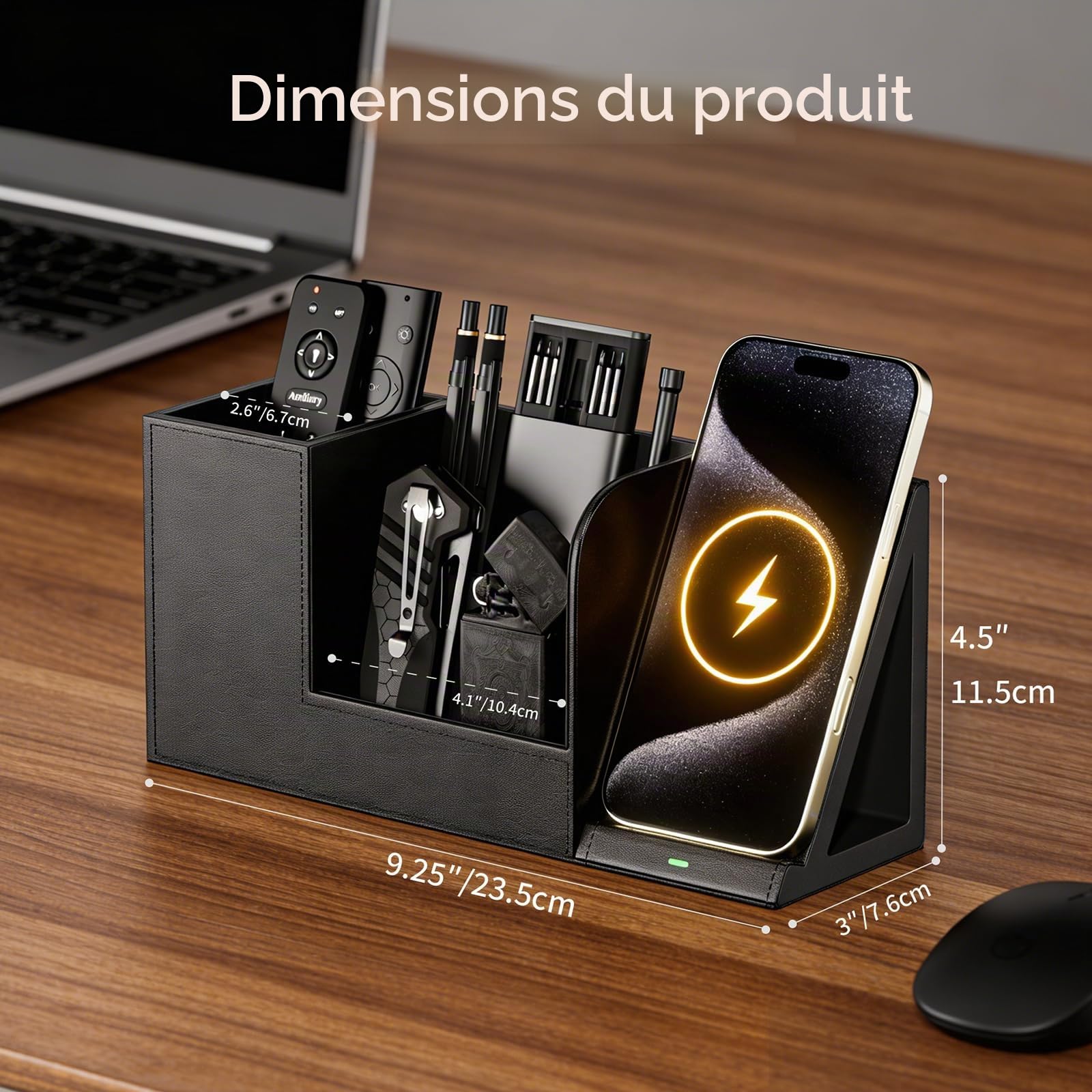 GORESE Organisateur de Bureau,Rangement Bureau avec Chargeur Sans Fil Rapide en Cuir Pot a Crayon Fourniture Bureau Pot Stylo Station de Charge 15w pour iphone 17 16 15 Pro Max Samsung Galaxy S23/S22