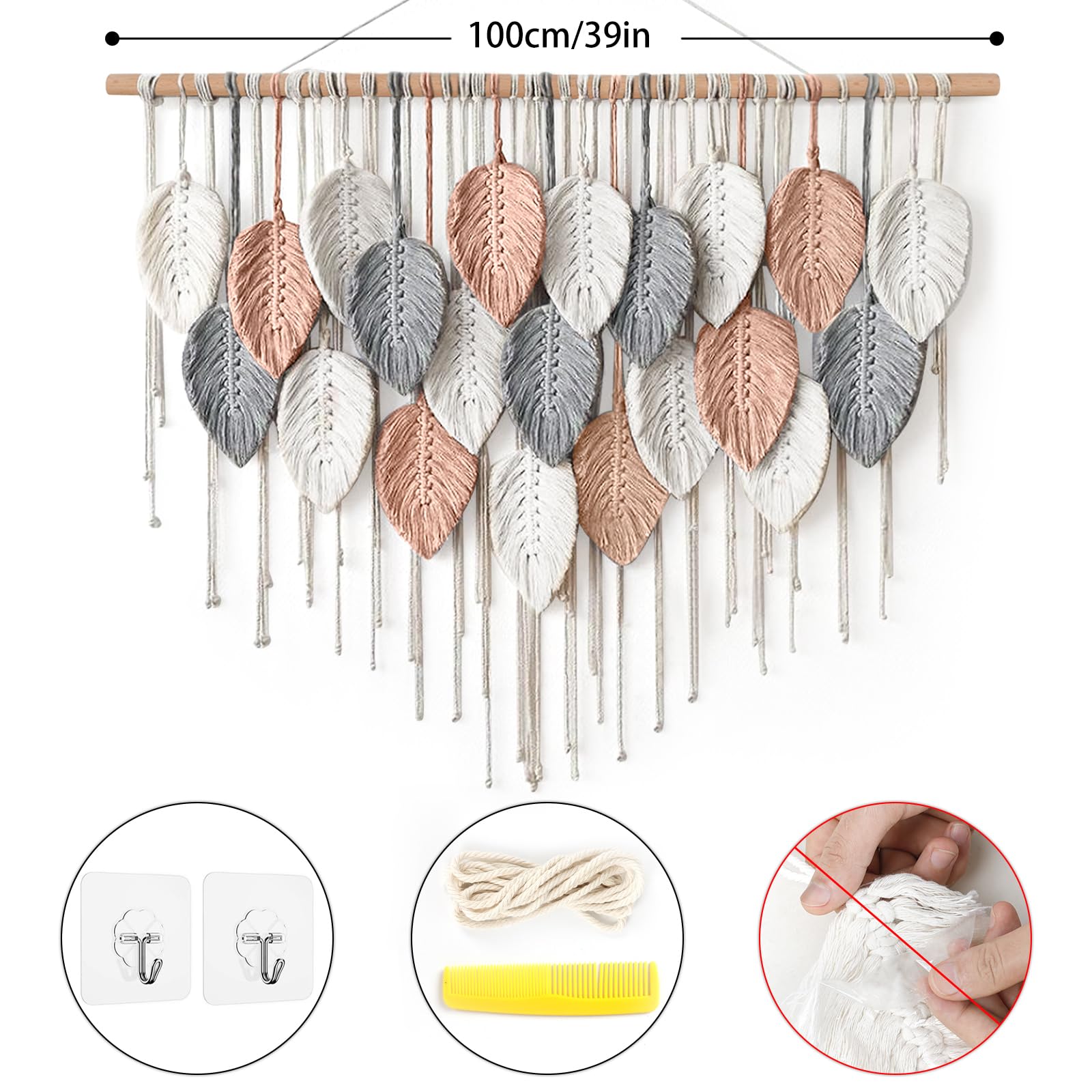 ASTNIC Macramé Tenture Murale Grande Tapisserie, Macramé Mural Tissée à la Main Art, Coton Naturel Bohème Feuille Gland Décoration pour Chambre à Coucher Salon Appartement Toile de Fond (Rose)