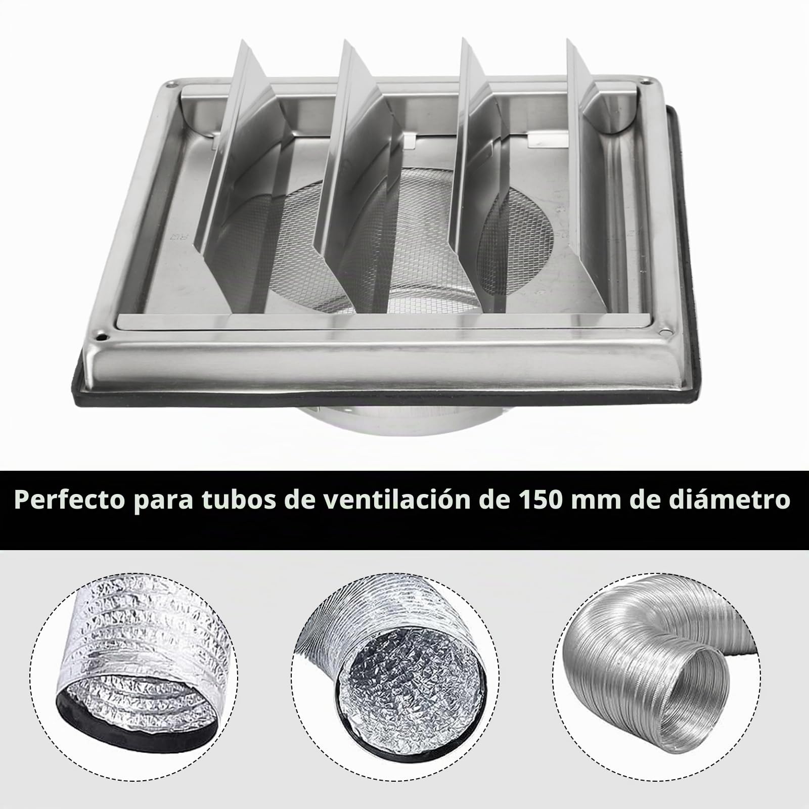 Rejilla de ventilación de acero inoxidable 304, rejilla de ventilación con válvula antirretorno, láminas y protección contra insectos, salida cuadrada 100, 125, 150 mm, tapa de ventilación de acero