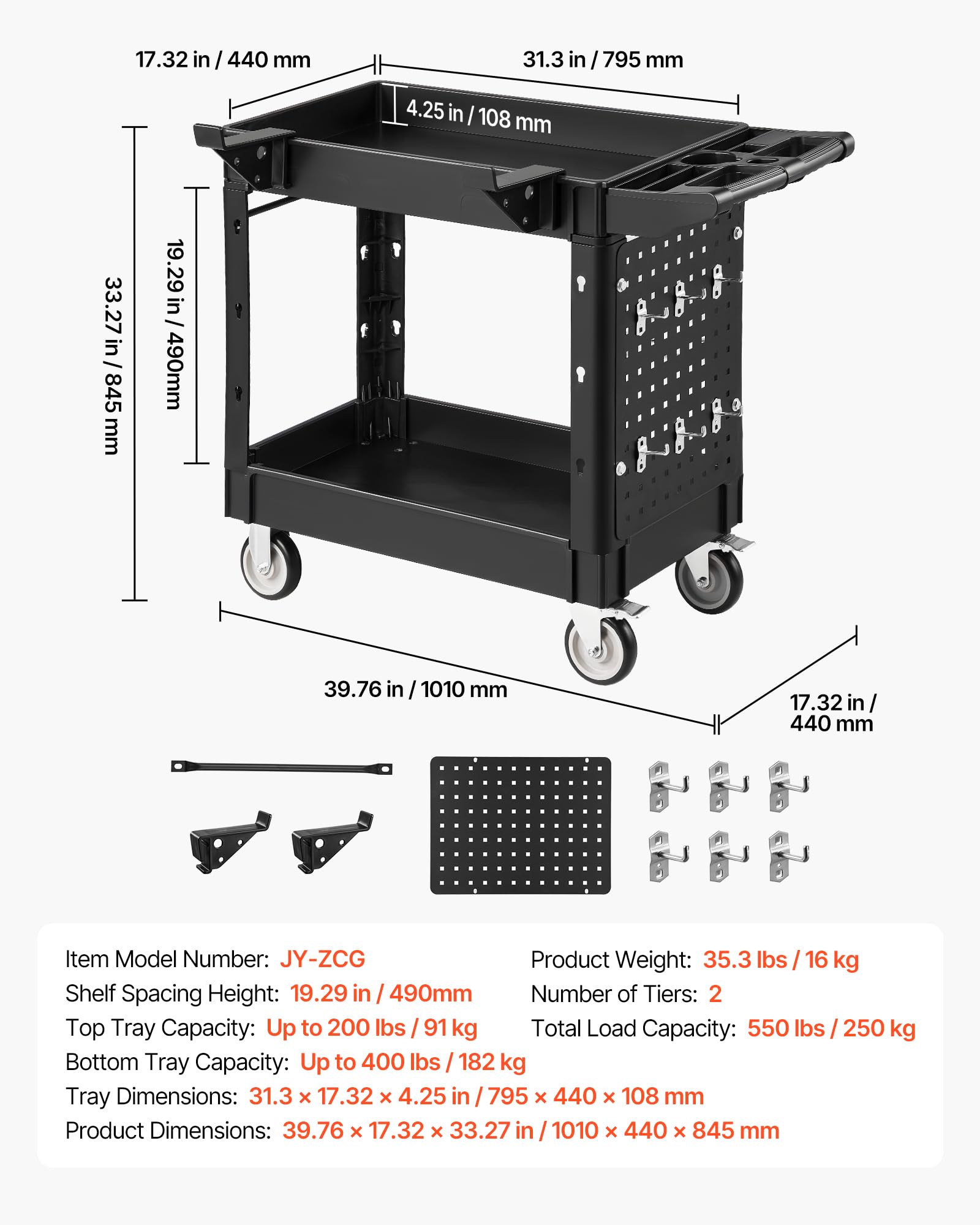 VEVOR Carrello di Servizio Portata 250kg 2 Ripiani Ruote Girevoli con Freno, Carrello Officina, Ruote Fisse con Freno, Struttura in Plastica Resistente con Vassoio e Pannello Forato, per Magazzino