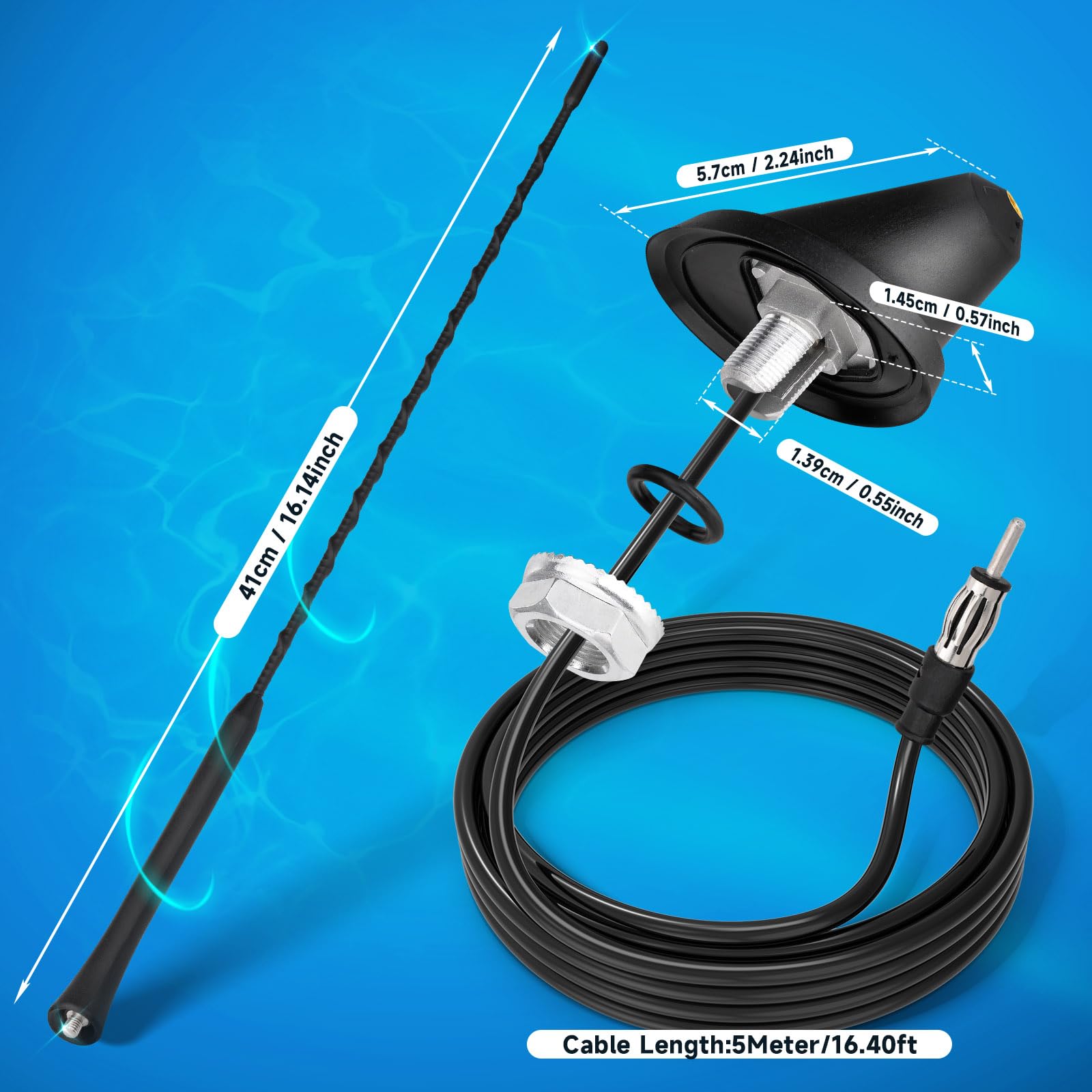 Bingfu Antena Radio Coche Antena Coche Universal FM/Am de Montaje en Techo con Base de Montaje, Cable de 5 Metros, Conector DIN para Automóvil, Camión, Receptor de Unidad Principal Estéreo SUV