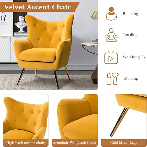 Miniatura 3 de Silla decorativa de terciopelo, moderna silla con respaldo de ala con patas metálicas doradas, silla de sofá individual tapizada de terciopelo para