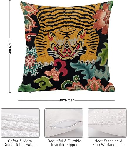 Miniatura 7 de Funda de almohada de tigre rosa, verde y turquesa, rayas negras, funda de tiro colorida, cojín asiático de animales chinoiserie, 16 x 16 pulgadas,