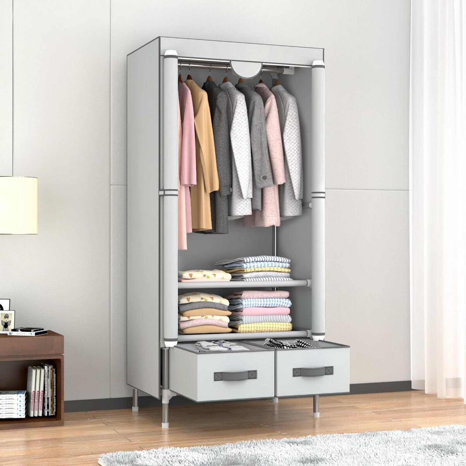 Anmas Power Bedroom Canvas Wardrobe with 2 Drawers, Portable Closet with Hanging Rail and Wardrobe Shelves, 75x45x170cm, Ash-White