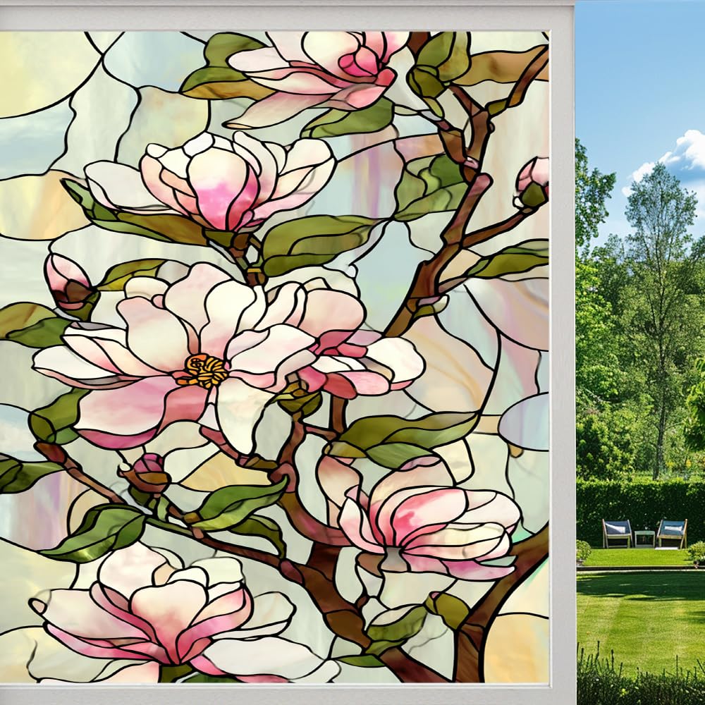 Pmlbaous Rural Flowers Stained Glass Window Film, Colorful Natural Magnolia Peel And Stick Privacy Film, Frosted Adhesive Vinyl Decorative For Bathroom Windows Glass Doors, （45X60cm）