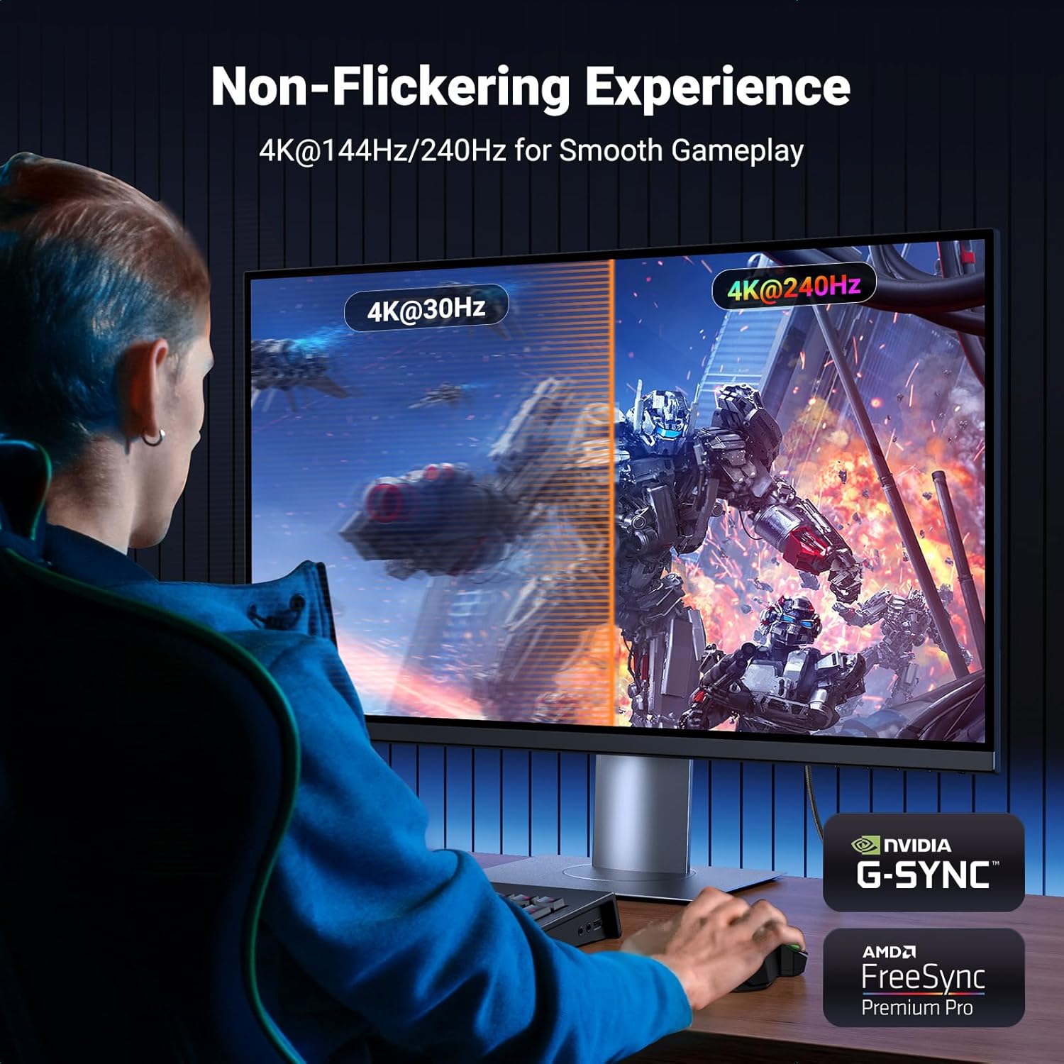 Monitor displaying a high-refresh-rate game with a split screen showing 4K@30Hz on one side and 4K@240Hz on the other, illustrating smooth gameplay.